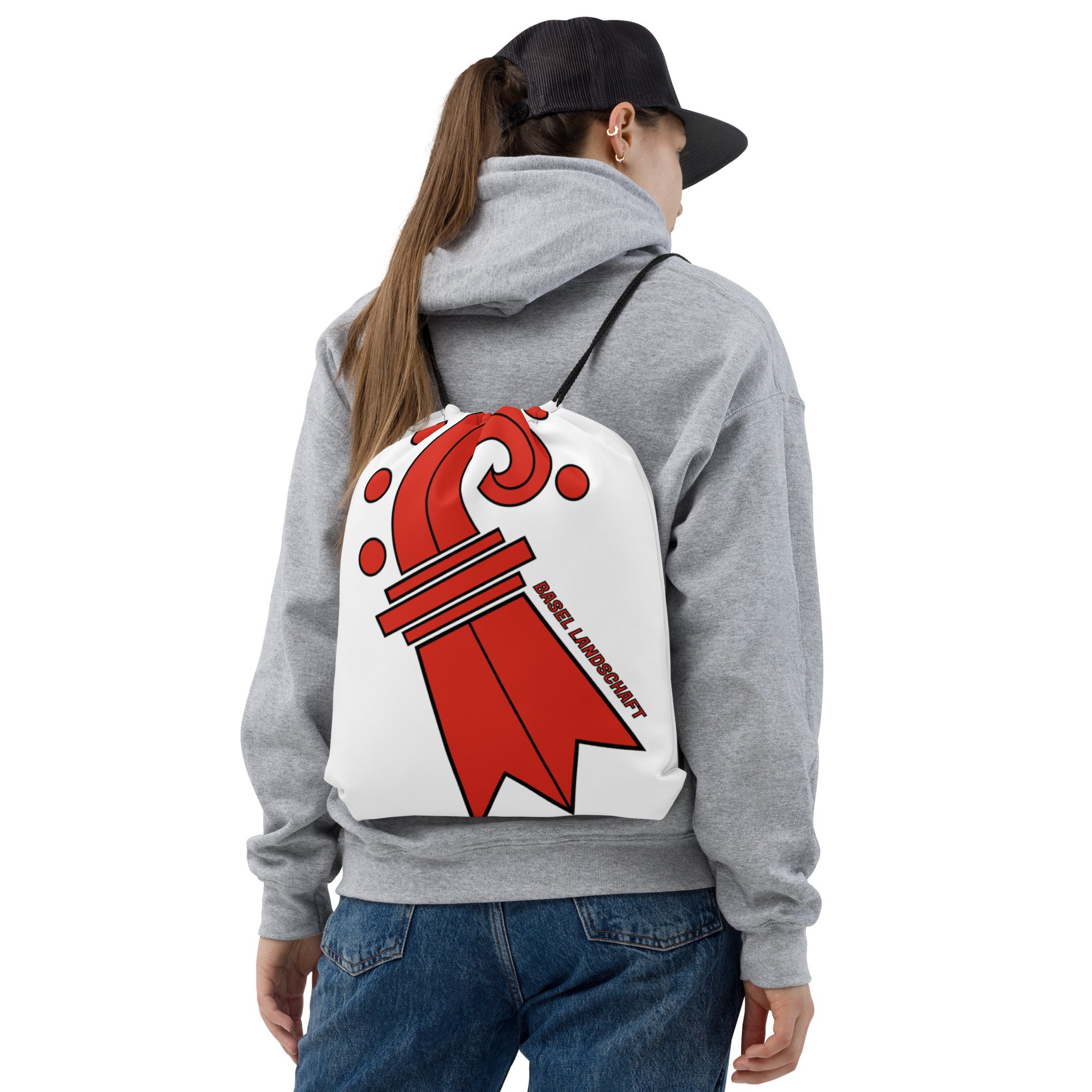 Someone wearing Lightweight Drawstring Backpack With Baselstab of Basel Land Graphic Design for Hiking and Outdoor Activities