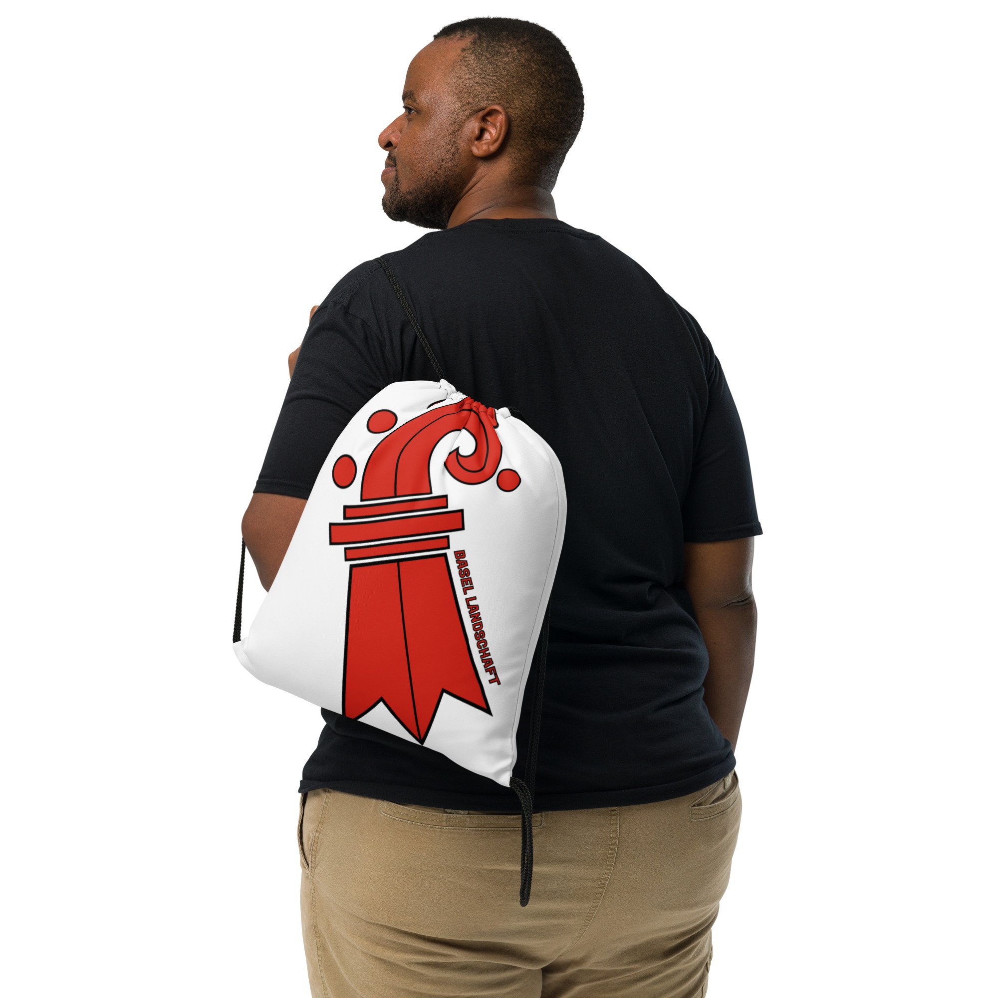Someone casually wearing Lightweight Drawstring Backpack With Baselstab of Basel Land Graphic Design for Hiking and Outdoor Activities