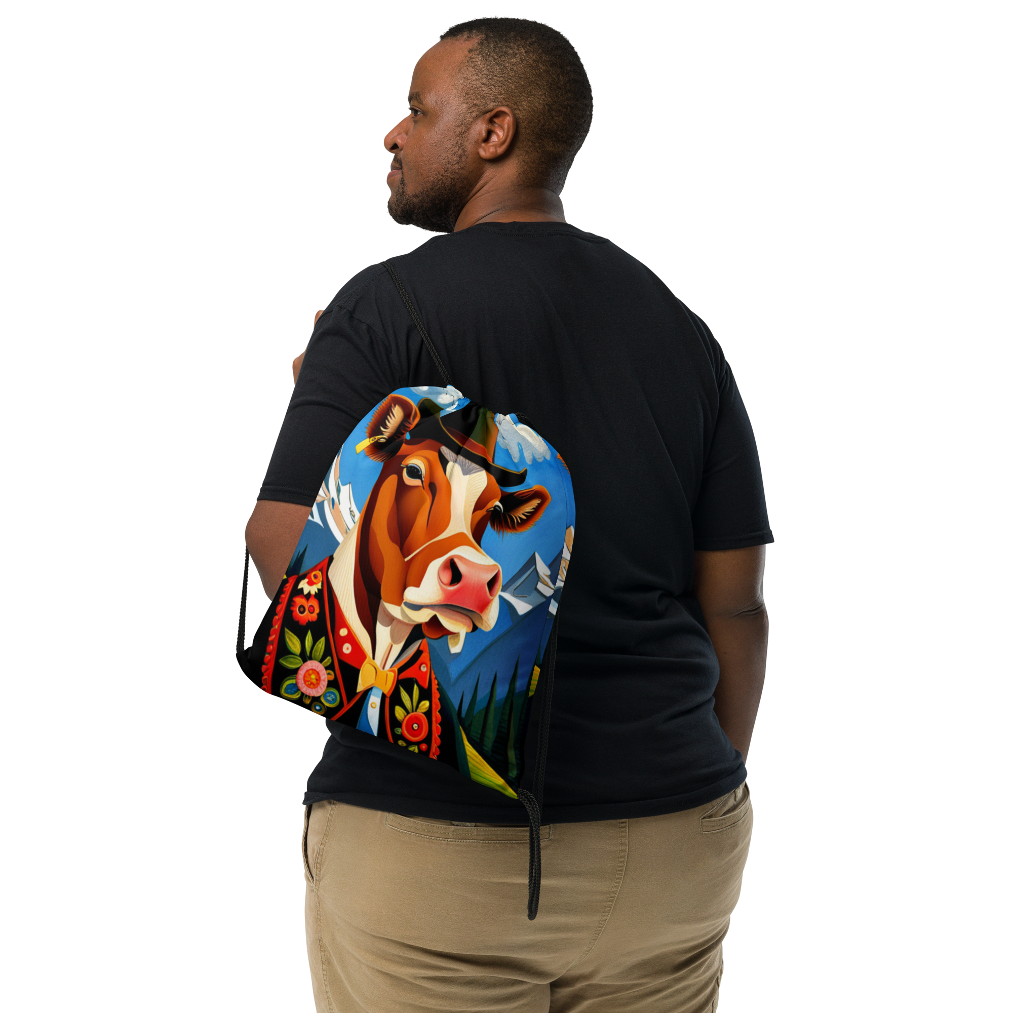 Someone casually wearing Lightweight Drawstring Backpack With Swiss Theme A Cow From Appenzell Design for Hiking and Outdoor Activities