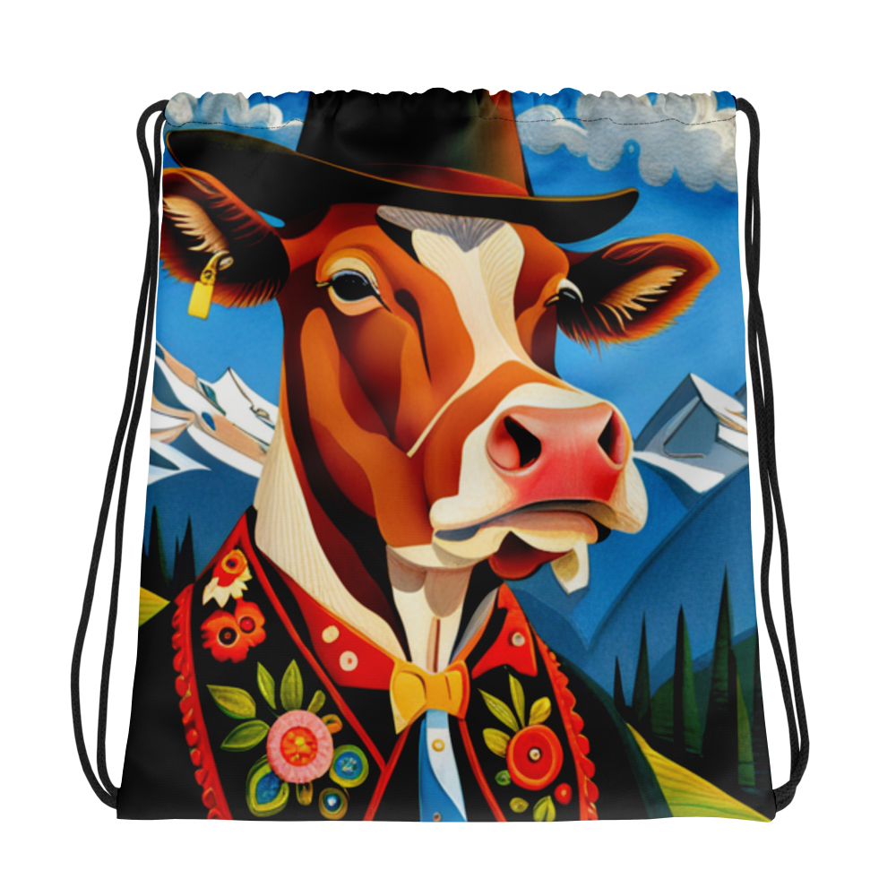 Lightweight Drawstring Backpack With Swiss Theme A Cow From Appenzell Design for Hiking and Outdoor Activities