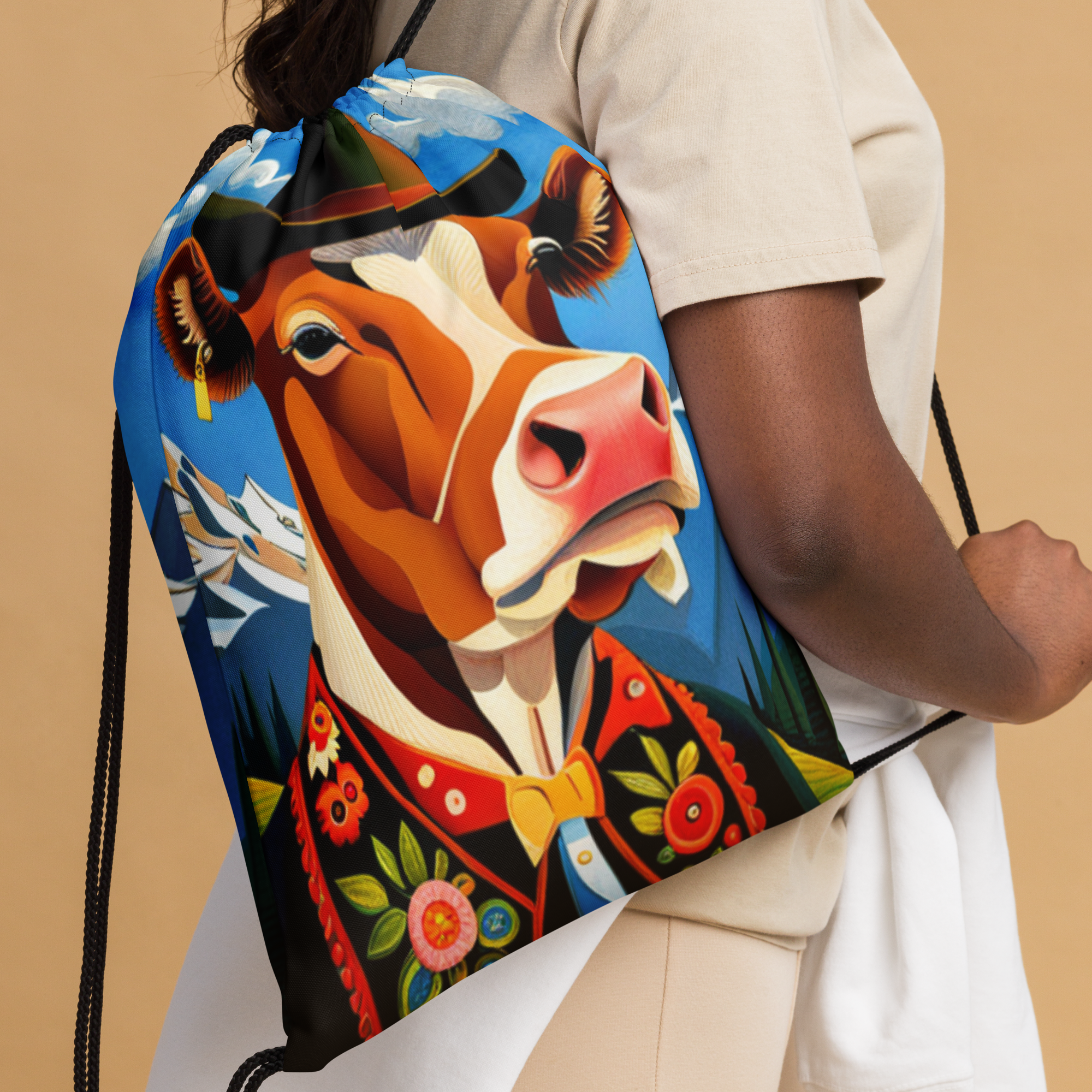 Close up of Someone wearing Lightweight Drawstring Backpack With Swiss Theme A Cow From Appenzell Design for Hiking and Outdoor Activities