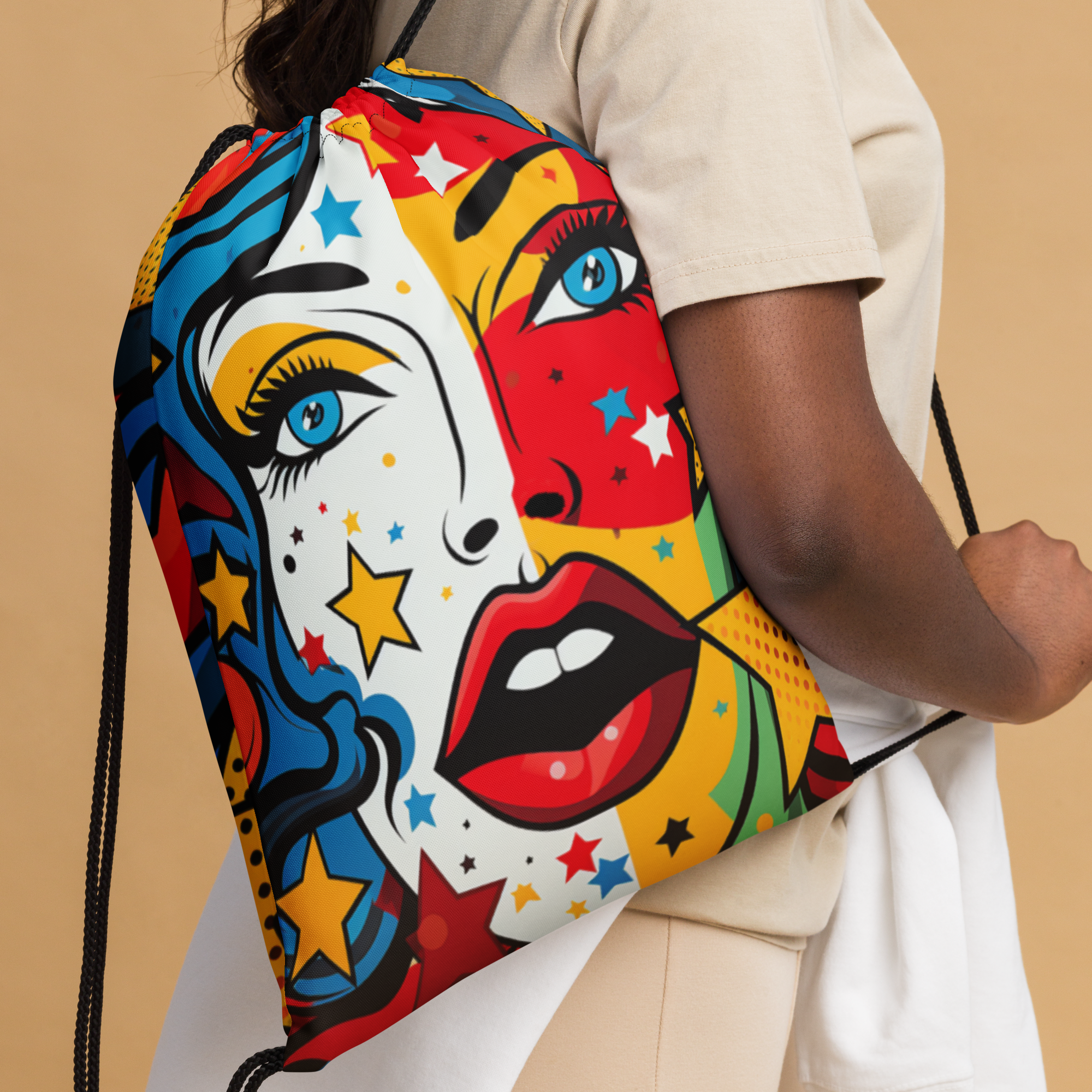 Closeup of Someone wearing Lightweight Drawstring Backpack With Pop Art Theme Design for Hiking and Outdoor Activities