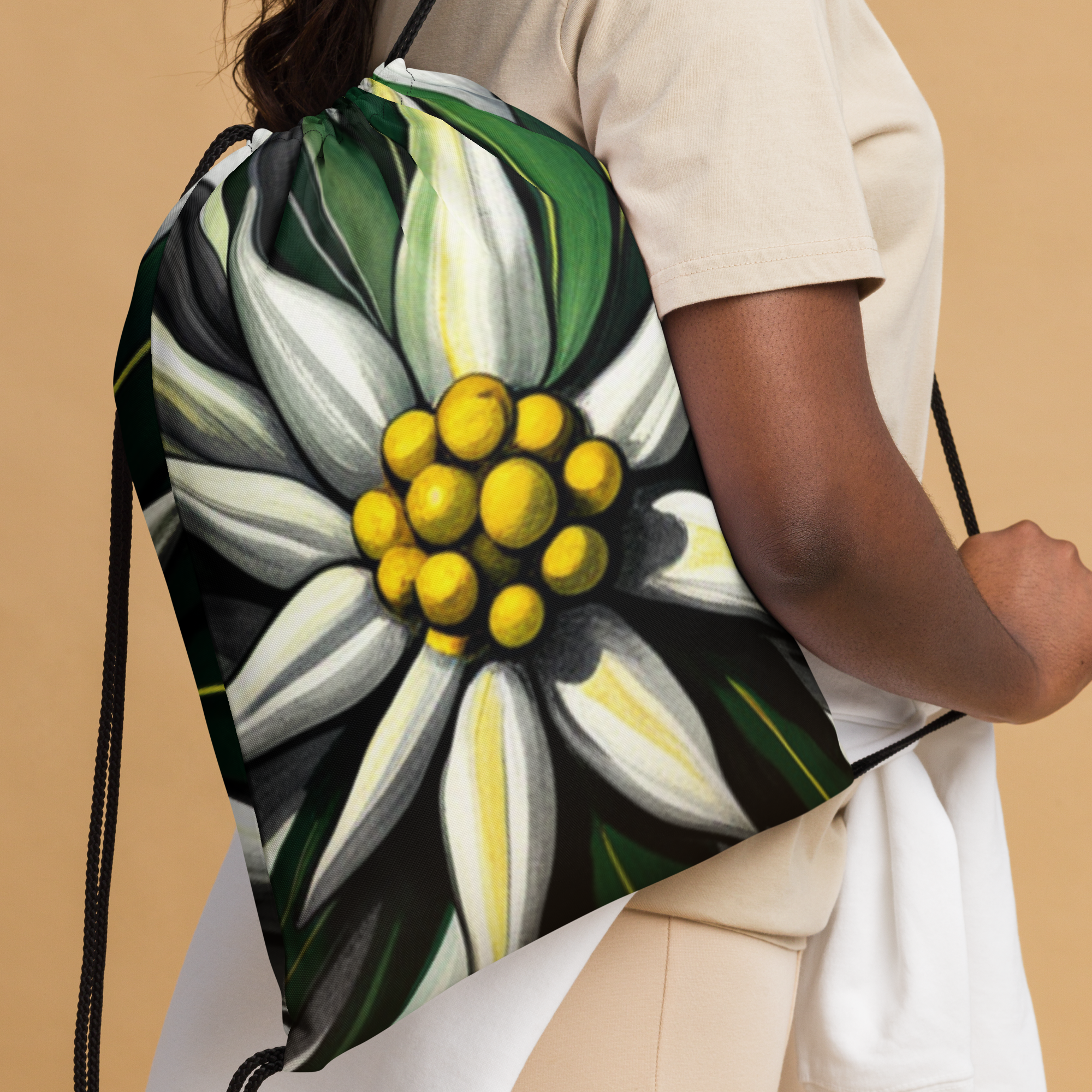 Close up someone wearing Lightweight Drawstring Backpack With Swiss Theme Edelweiss Design for Hiking and Outdoor Activities