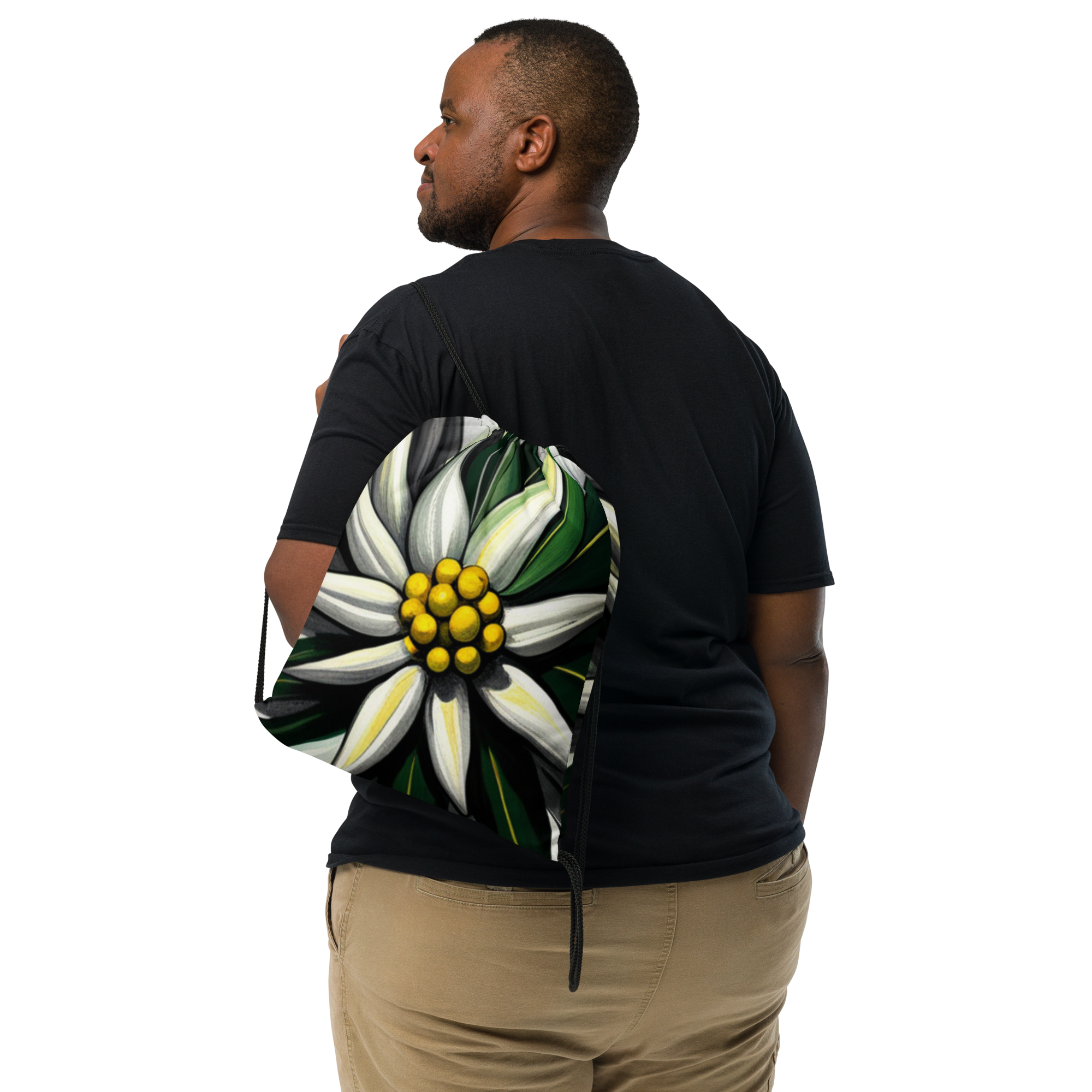 Someone casually wearing Lightweight Drawstring Backpack With Swiss Theme Edelweiss Design for Hiking and Outdoor Activities