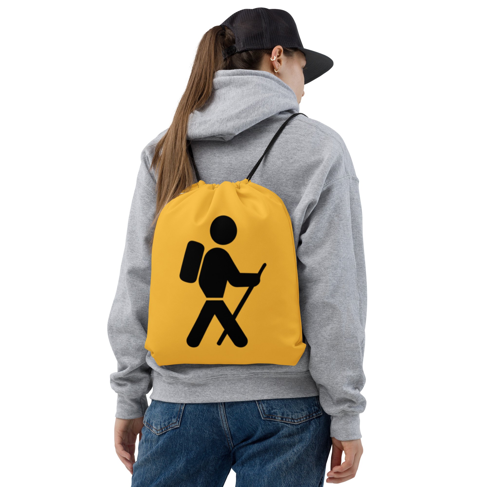 Someone wearing Lightweight Drawstring Backpack With Icon/Wanderweg Design for Hiking and Outdoor Activities