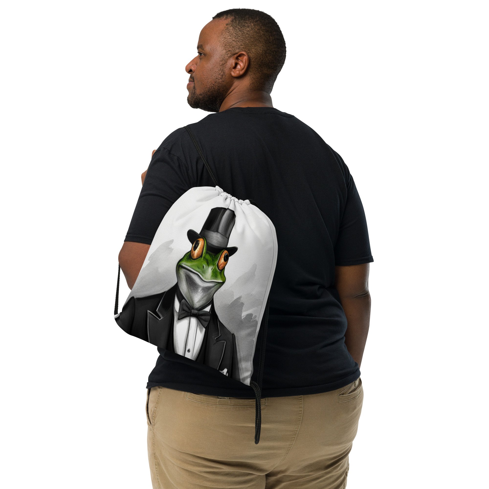 Someone casually wearing Lightweight Drawstring Backpack With A Frog In A Top Hat Graphic Design for Hiking and Outdoor Activities