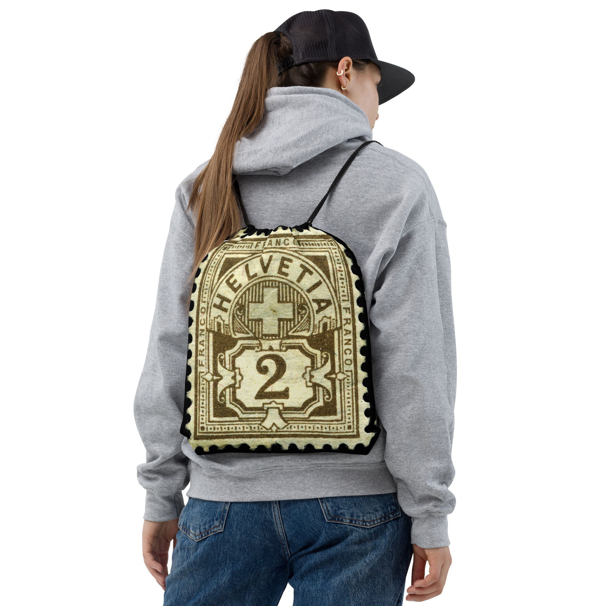 Someone wearing Lightweight Drawstring Backpack With Rare Swiss Stamp Helvetia 2 Rappen Graphic Design for Hiking and Outdoor Activities