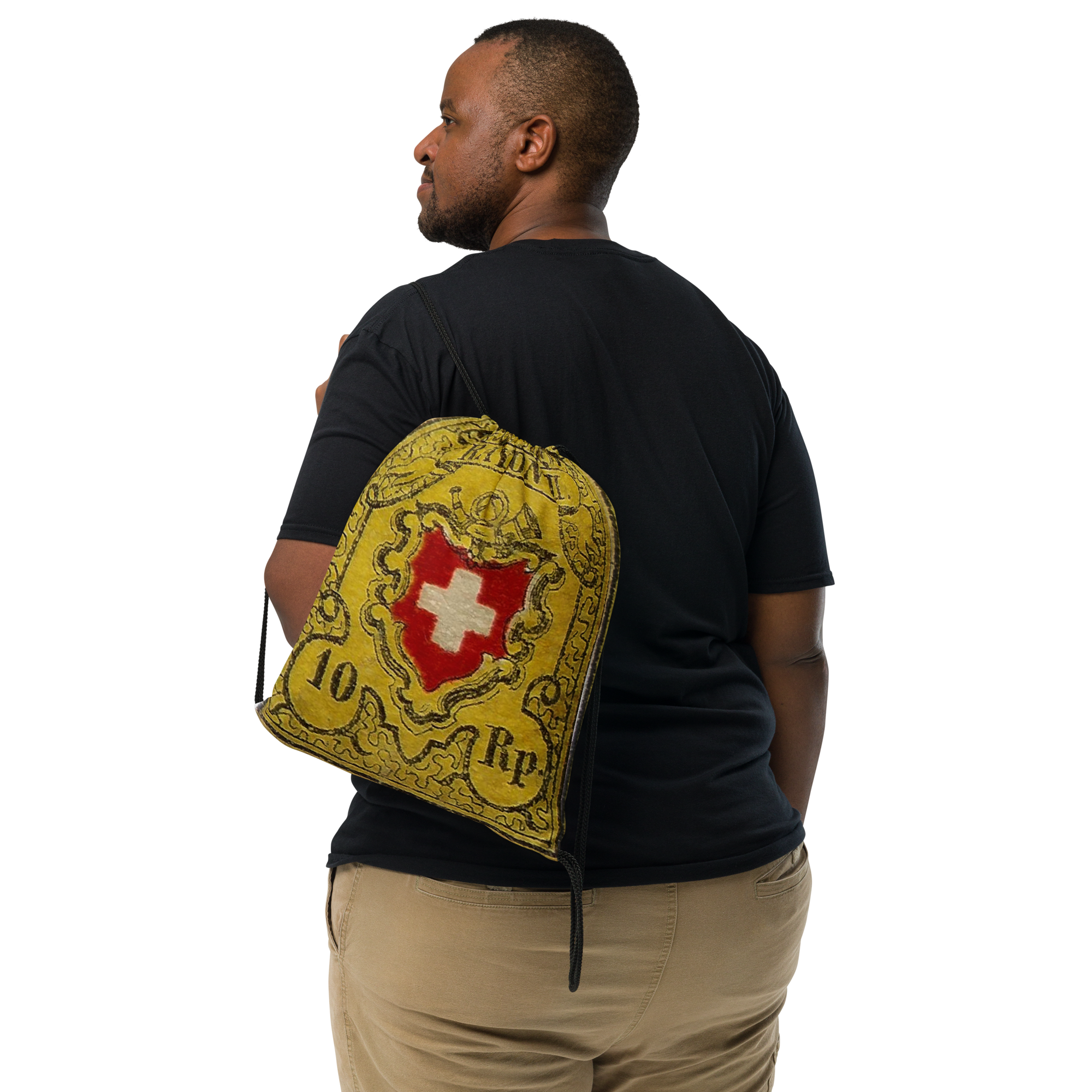 Someone casually wearing Lightweight Drawstring Backpack With Rare Swiss Stamp 10 Rappen Rayon II Graphic Design for Hiking and Outdoor Activities