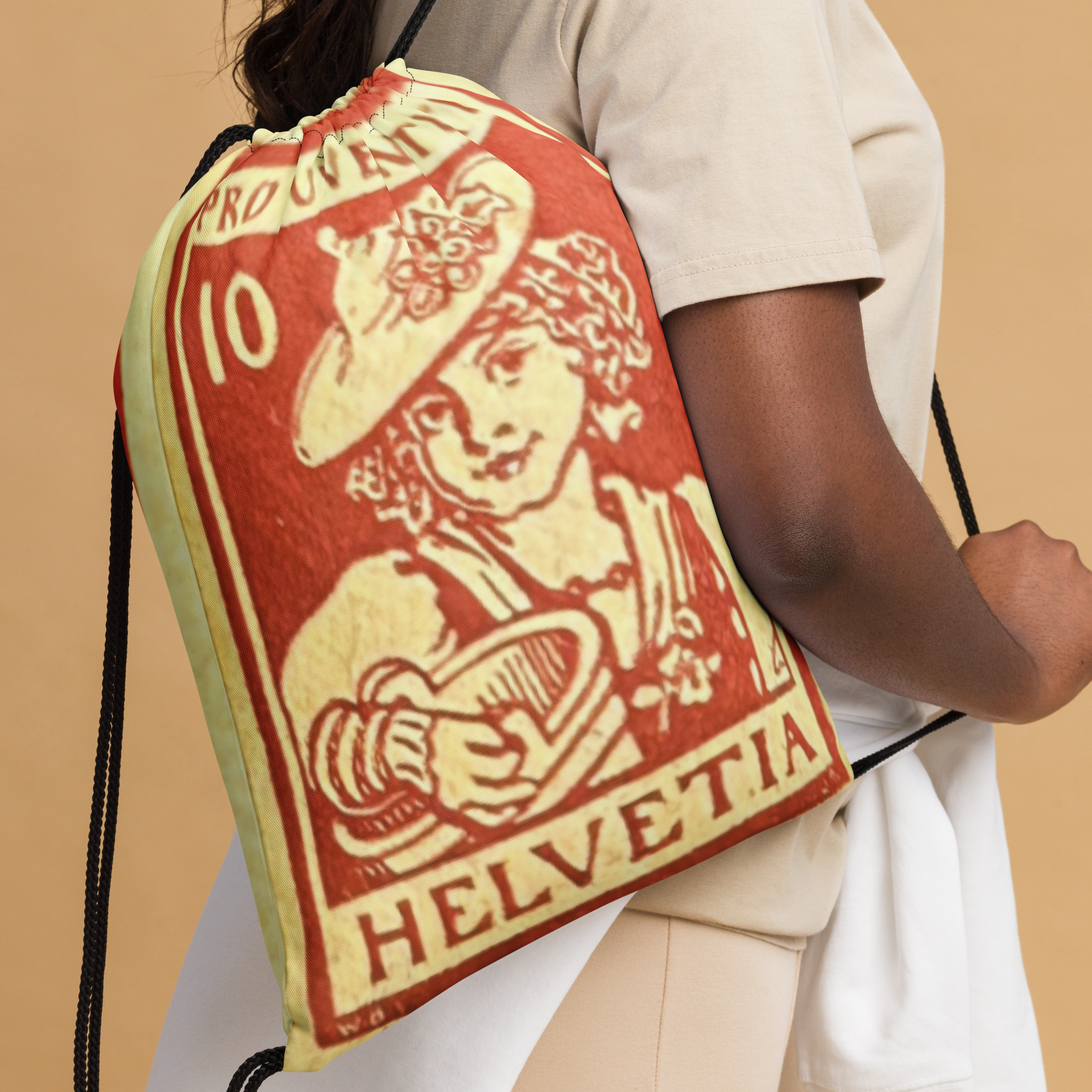 Close Up of Someone wearing Lightweight Drawstring Backpack With Rare Swiss Stamp Girl From Vaud Graphic Design for Hiking and Outdoor Activities