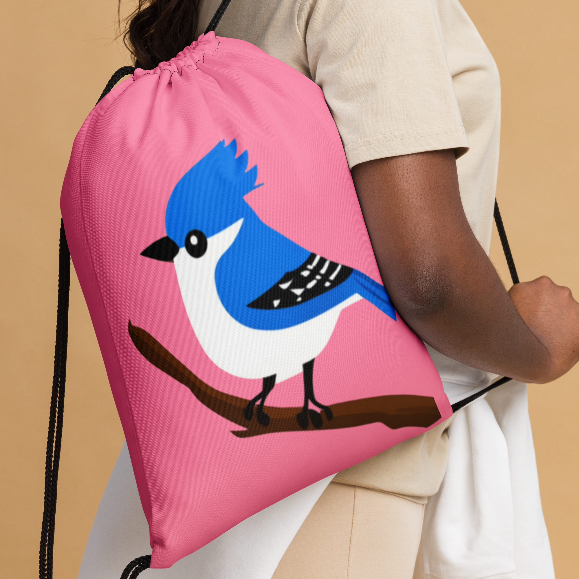 Lightweight Drawstring Backpack With Blue Jay on Pink for Hiking and Outdoor Activities