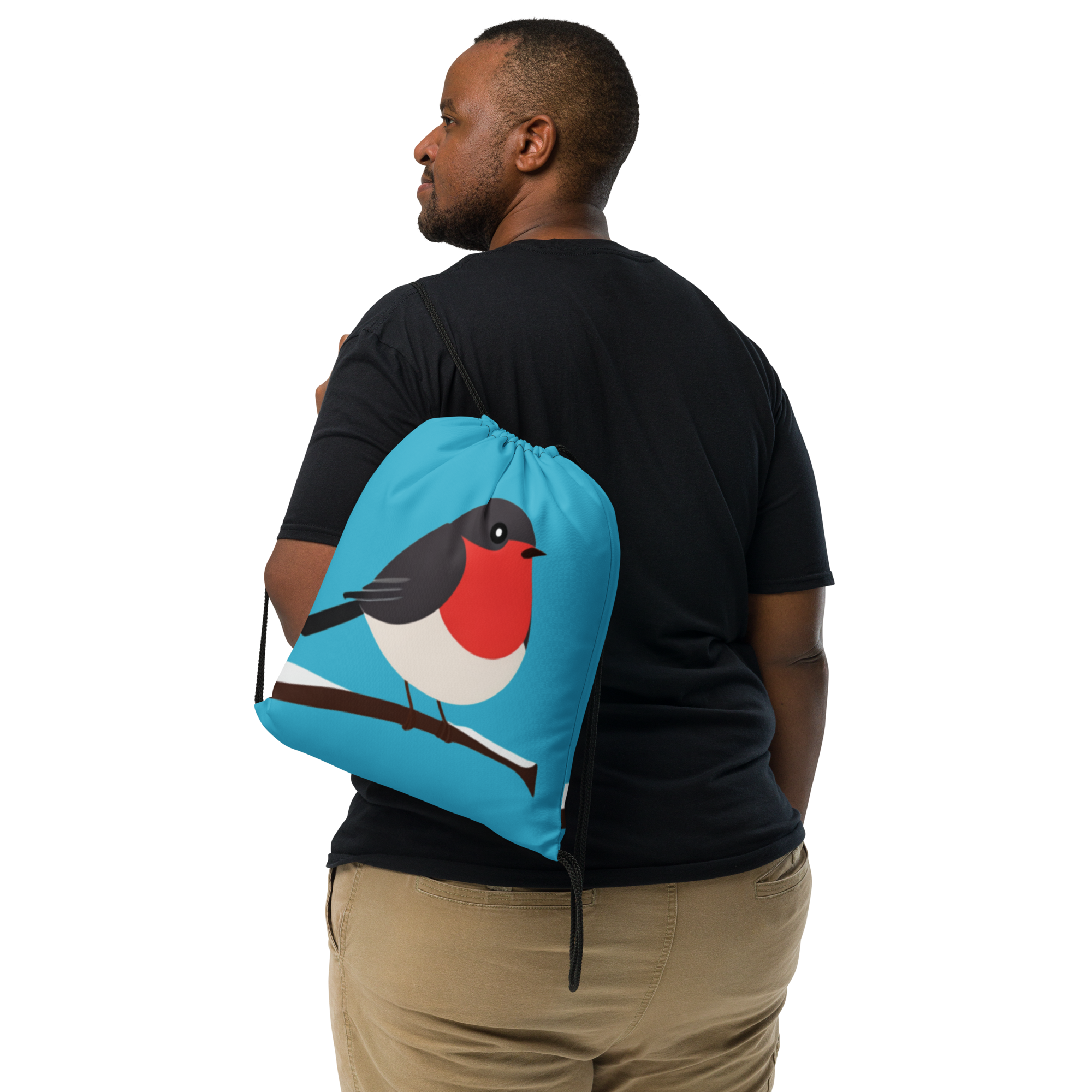 Lightweight Drawstring Backpack With Blue Robins Red Breast On Blue for Hiking and Outdoor Activities