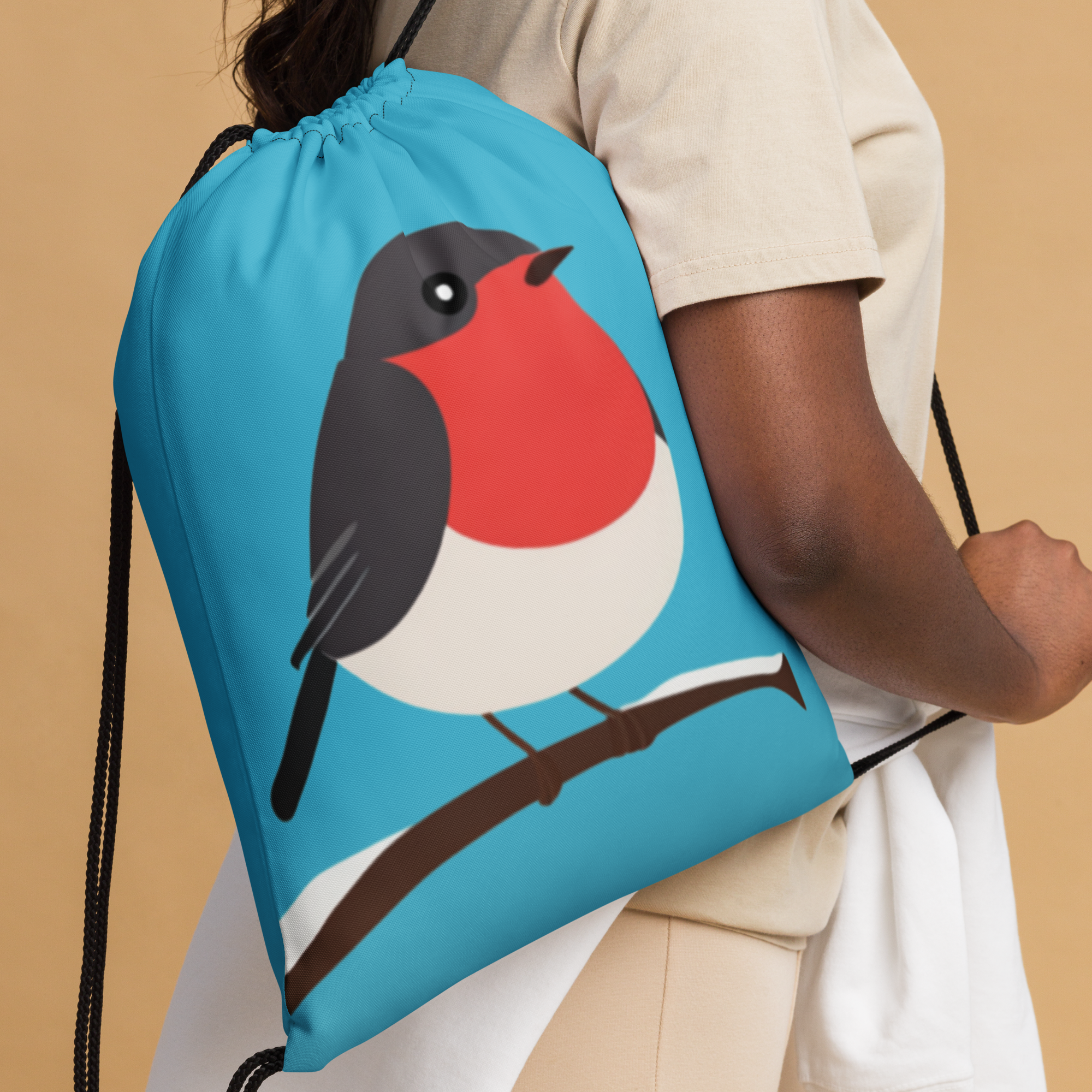 Lightweight Drawstring Backpack With Blue Robins Red Breast On Blue for Hiking and Outdoor Activities