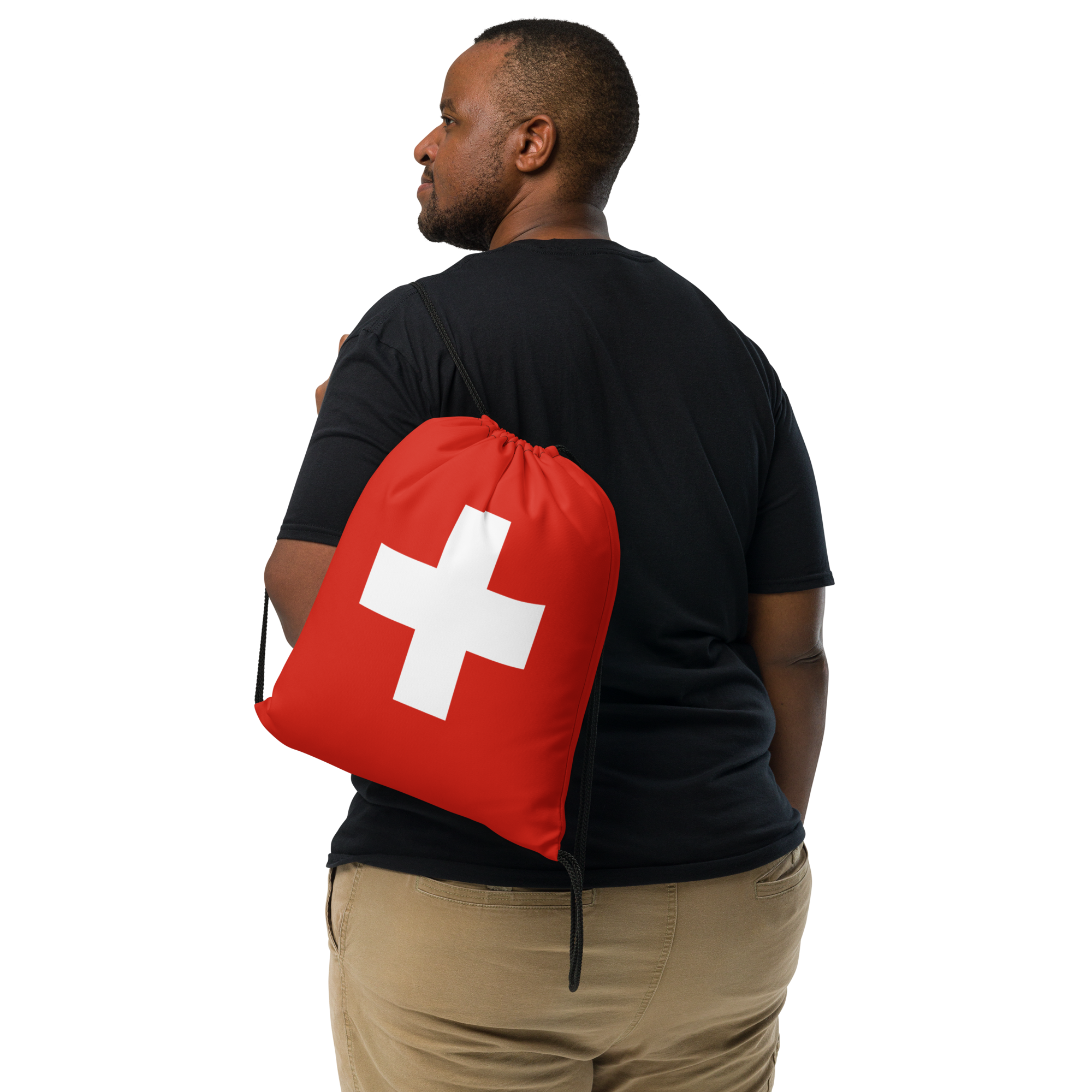 Someone casually wearing Lightweight Drawstring Backpack With Rare Swiss Swiss Theme Swiss Flag Graphic Design for Hiking and Outdoor Activities