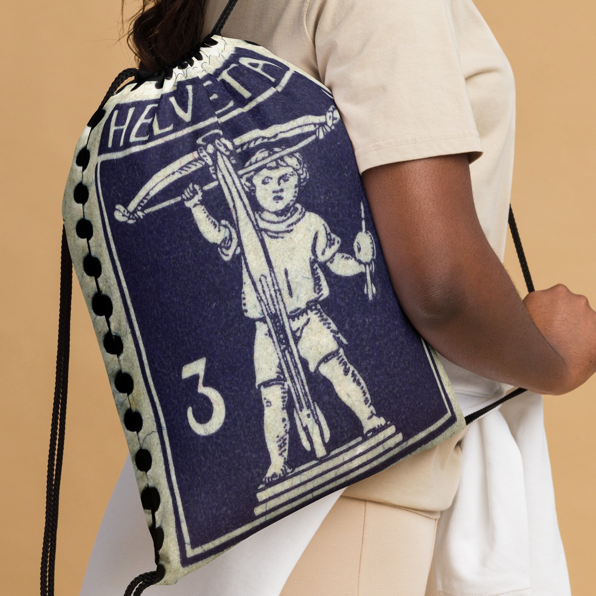 Closeup of Someone wearing Lightweight Drawstring Backpack With Rare Swiss Stamp Son Of William Tell 3 Rappen Graphic Design for Hiking and Outdoor Activities