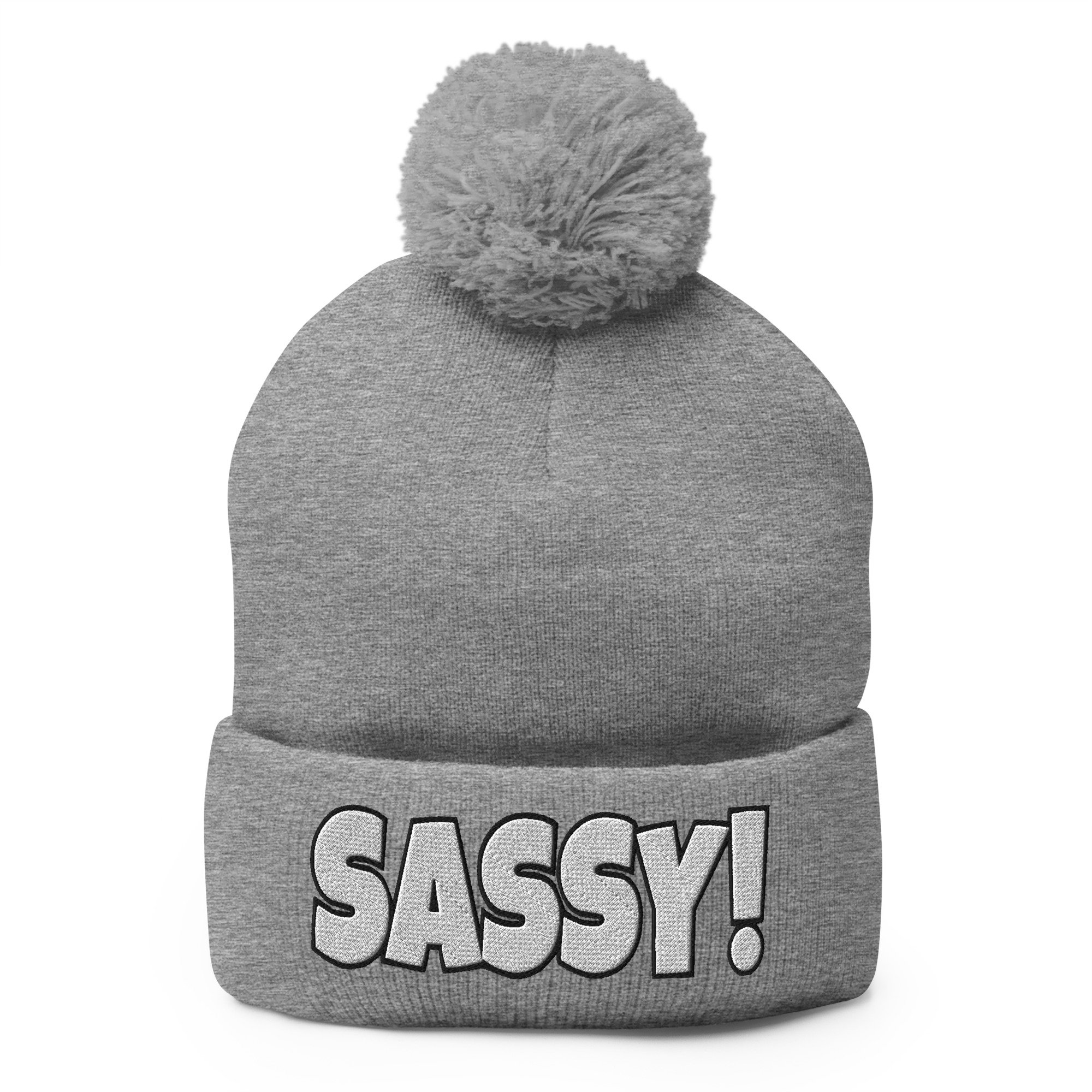 Light Gray Winter beanie with the word 'SASSY' embroidered on the front