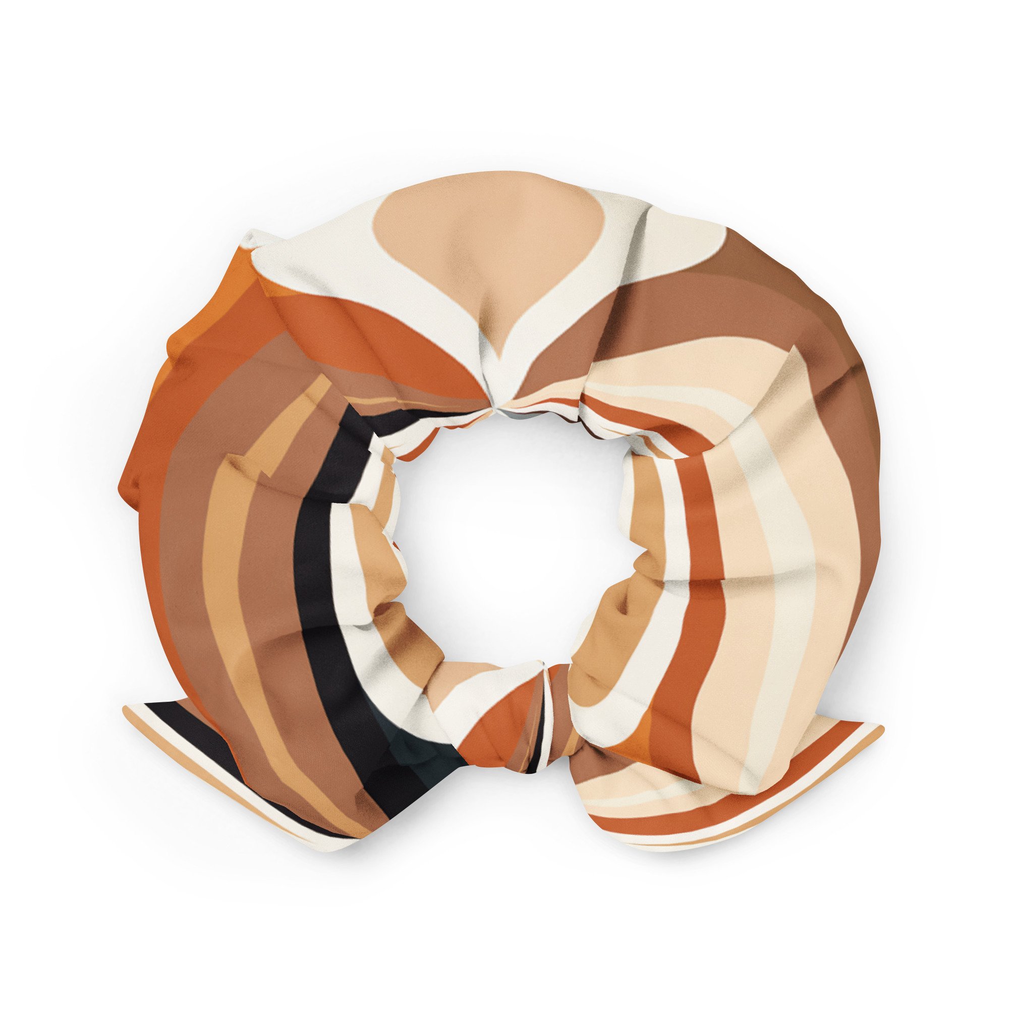 Warm autumn-colored striped eco-friendly scrunchie with bow detail.