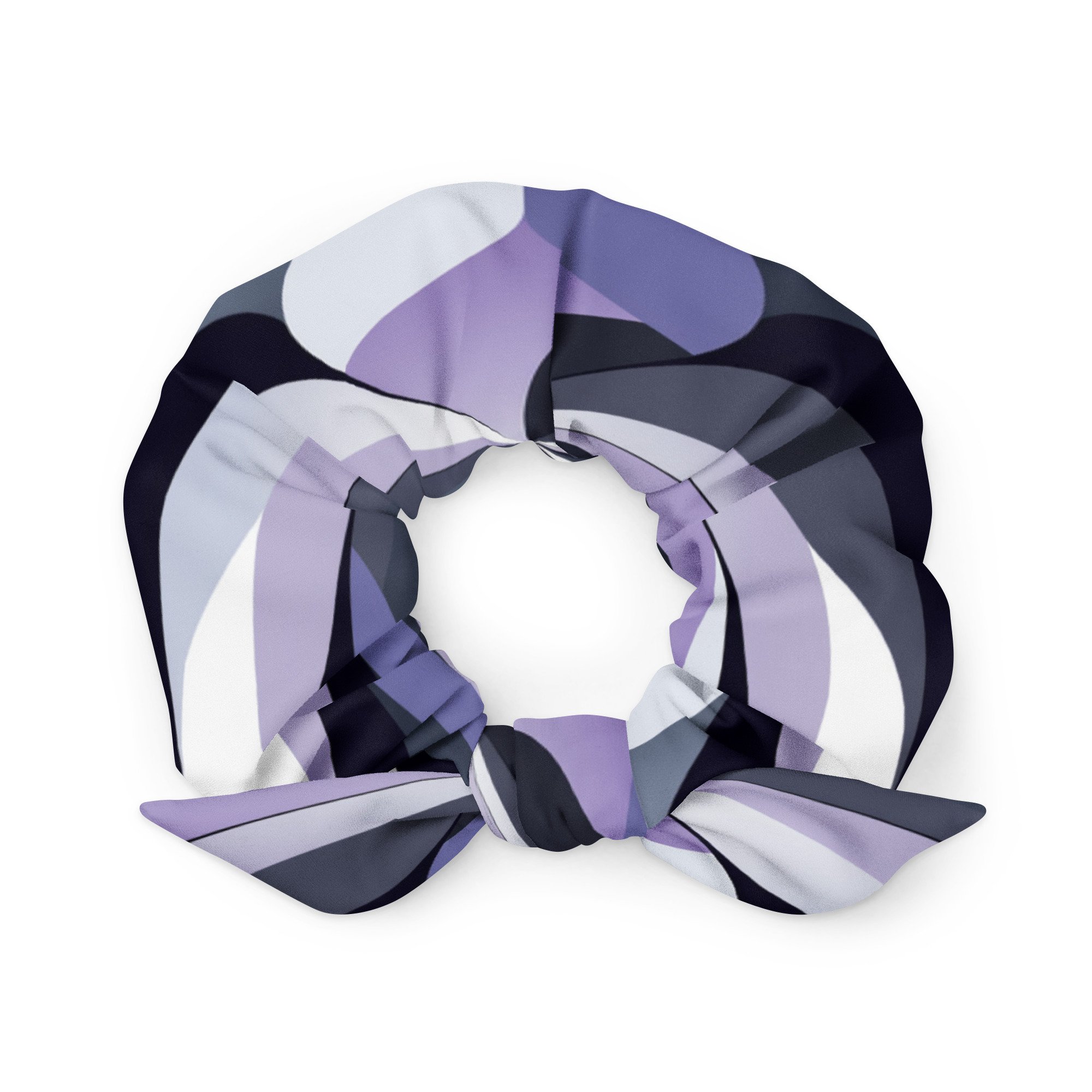 Lavender and grey patterned eco-friendly scrunchie with bow.