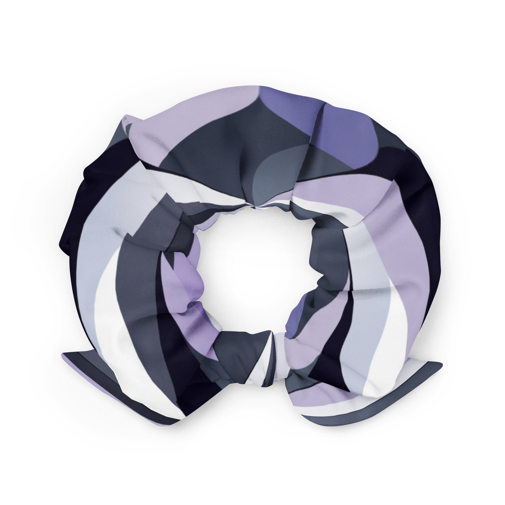 Lavender and grey patterned eco-friendly scrunchie with bow.