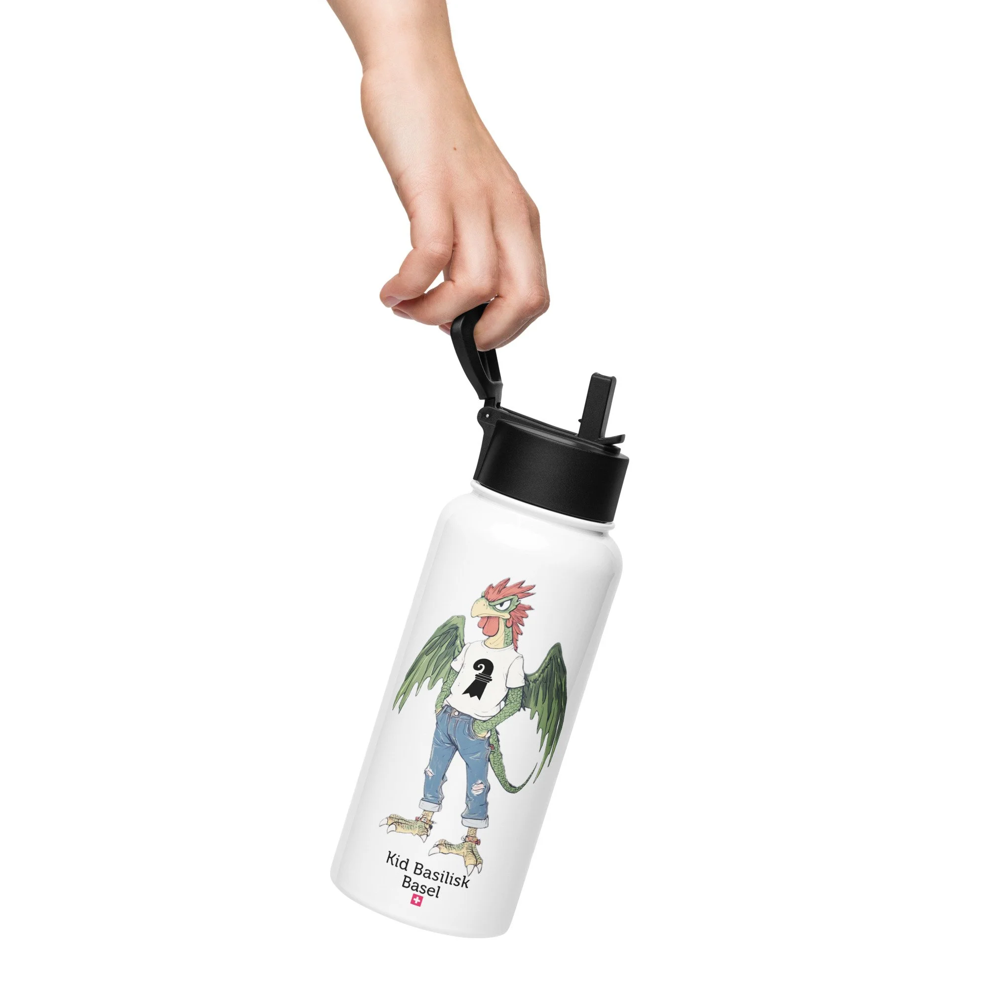 Kid Basilisk of Basel Stainless steel water bottle with a straw lid