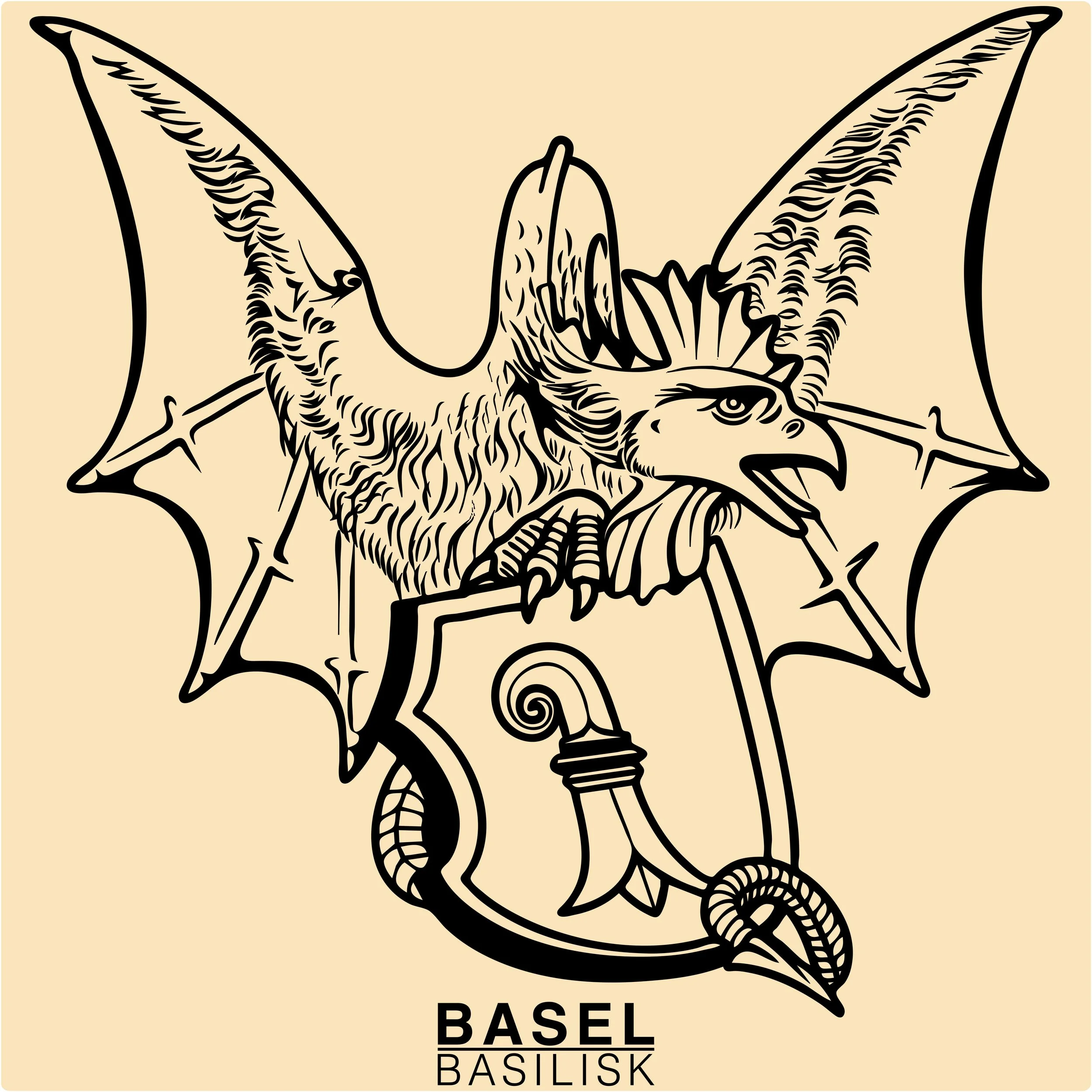 A Balck and white drawing of the basilisk of Basel
