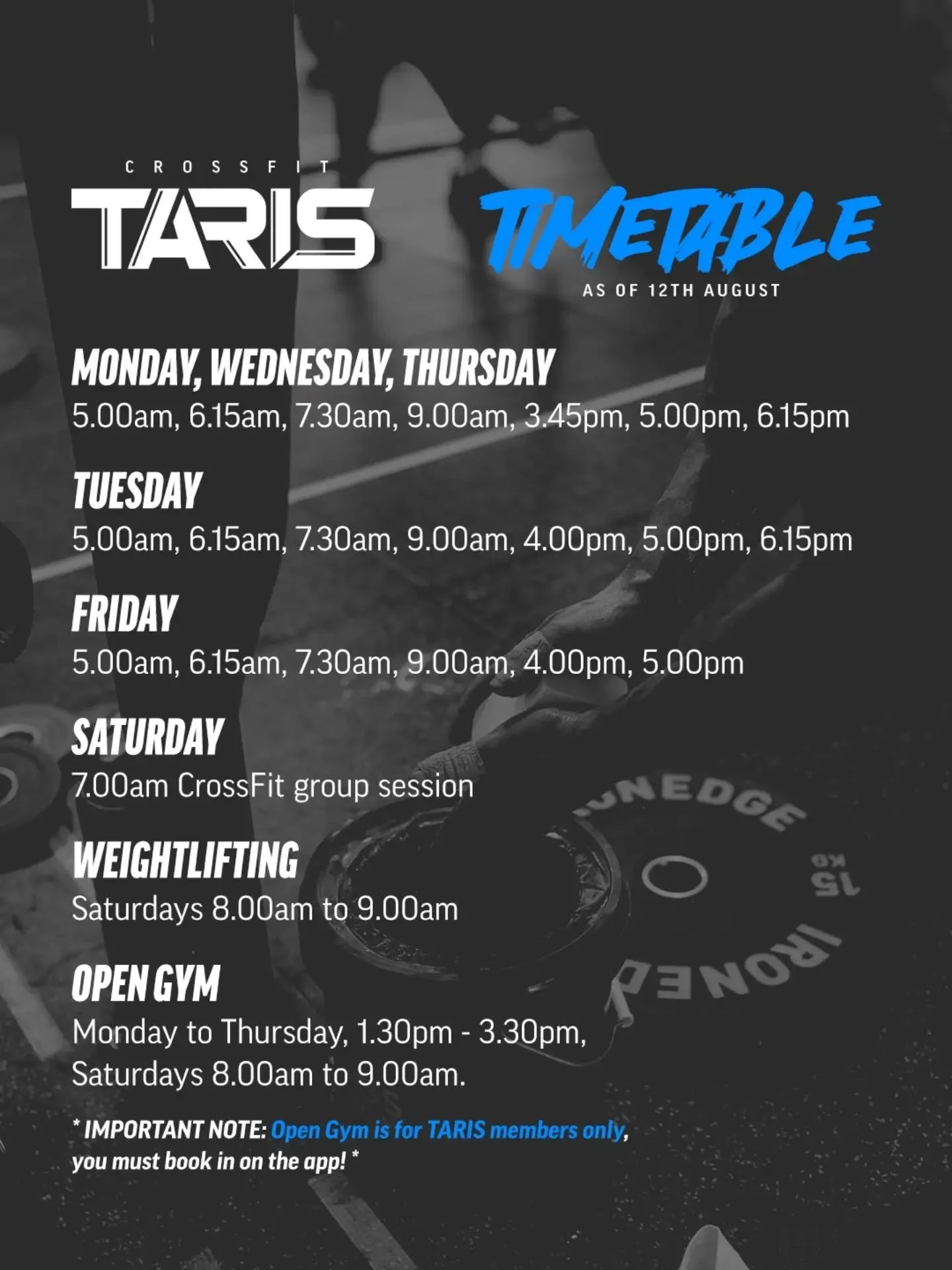 We've updated the timetable ever so slightly on Friday and Saturdays!

Friday 3.45pm is now 4pm

Saturday CF group session is 7am

Saturday Weightlifting AND Open Gym are every week at 8am

We've got a heap of members headed to comps in the next whil