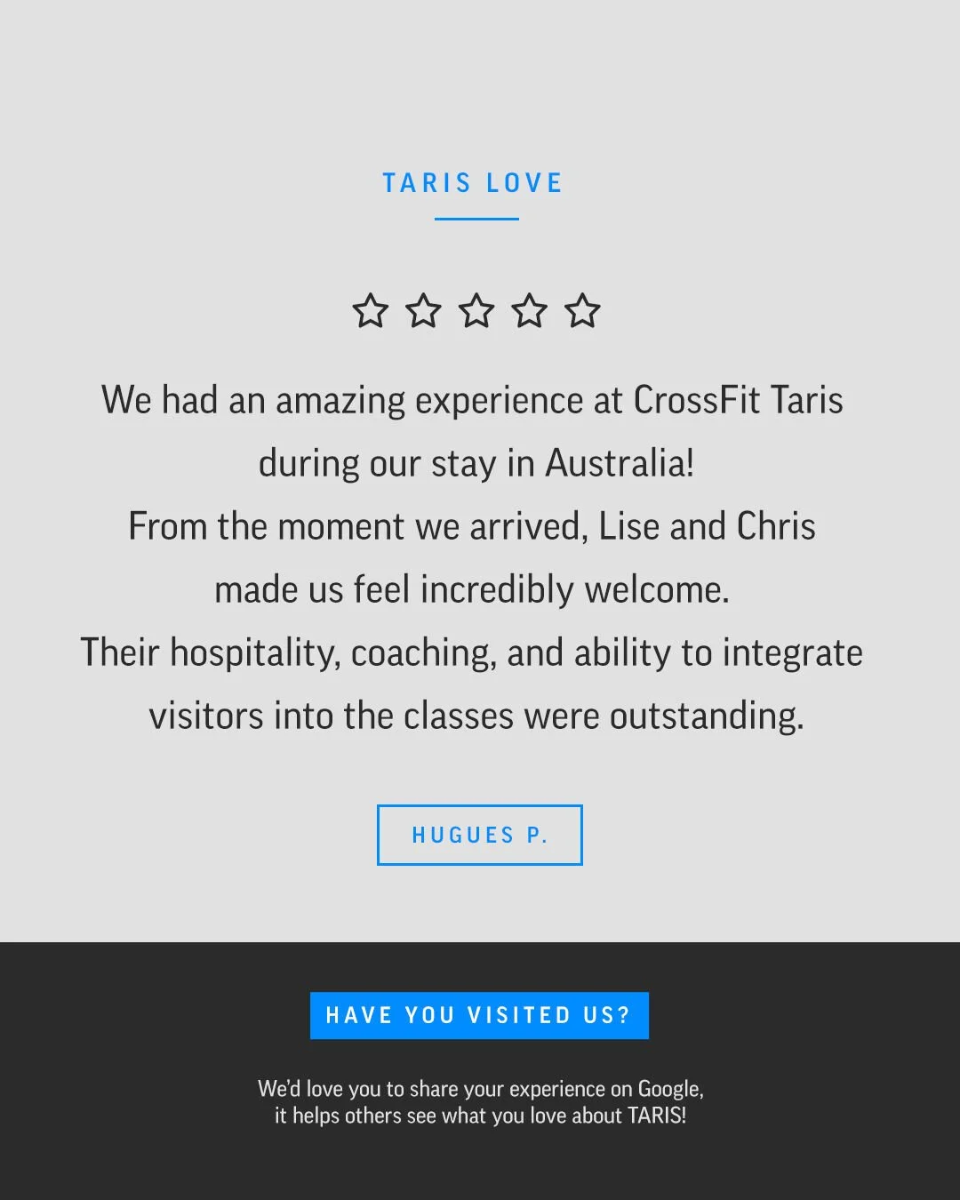 Thank you for your kind words Hugues, we loved having you! 💙⁠
⁠
If you're looking for a gym to join a community of people there for the same reason as you - to have fun getting fit - you'll be at home in CrossFit TARIS.⁠
⁠
⁠
PS. Google Reviews is on