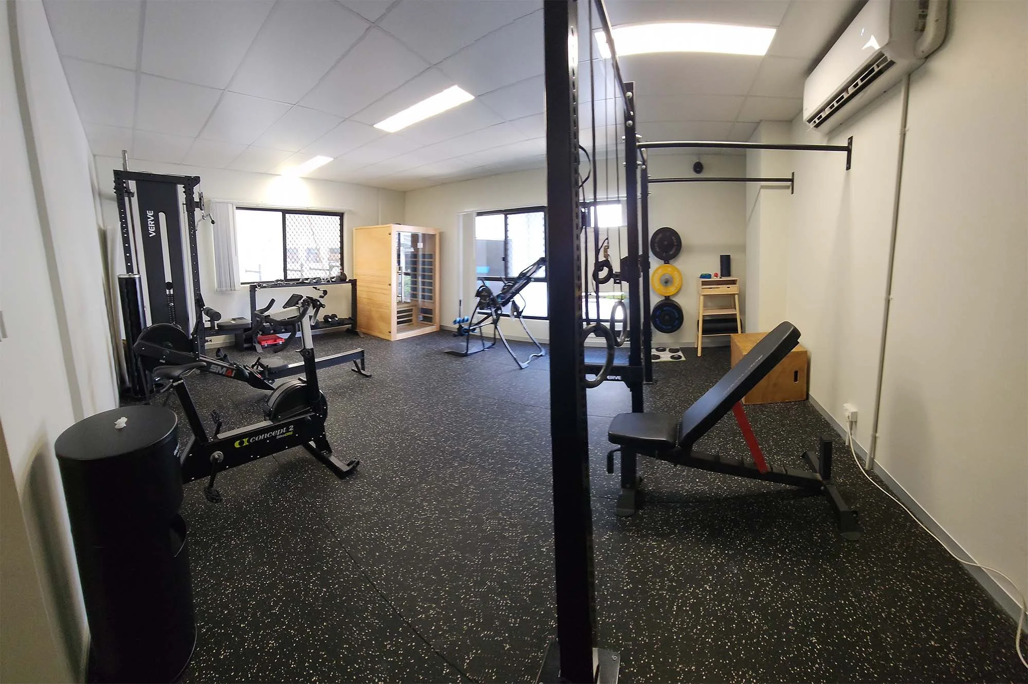 A photo of the upstairs recovery, rehabilitation and workout area, including a sauna for CrossFit TARIS members.