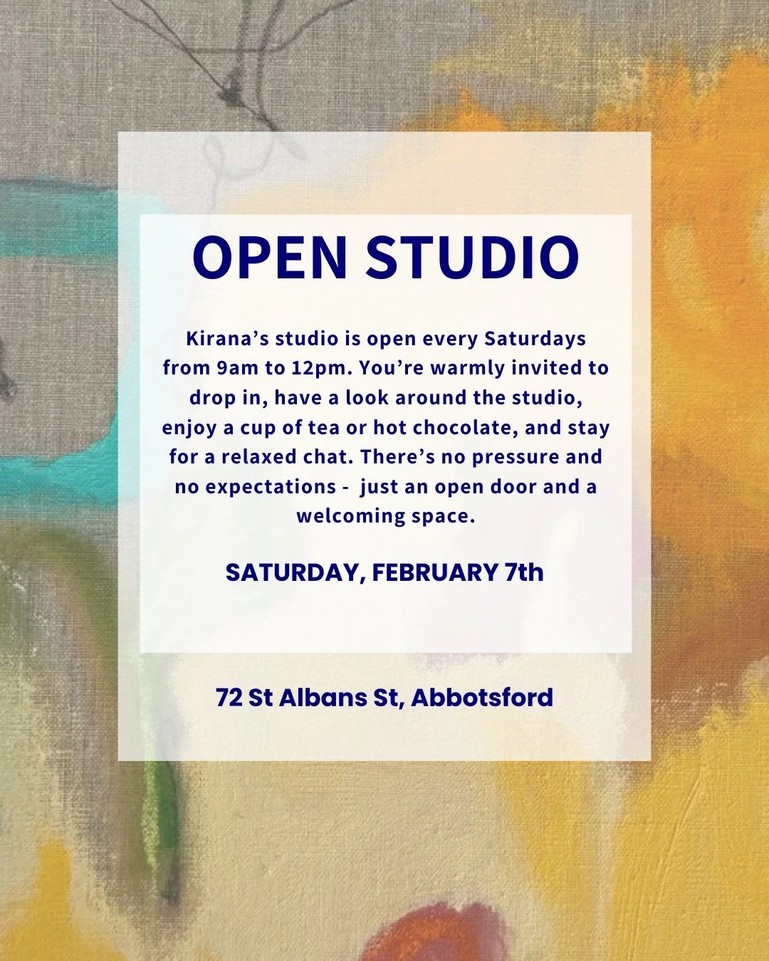 Saturday Feb 7 - the studio door is open.

You&rsquo;re welcome to come in, look around, sit with the work, and take your time. There&rsquo;s no pressure and no expectation, just space to pause, notice, and connect.

Alongside Open Studio, there&