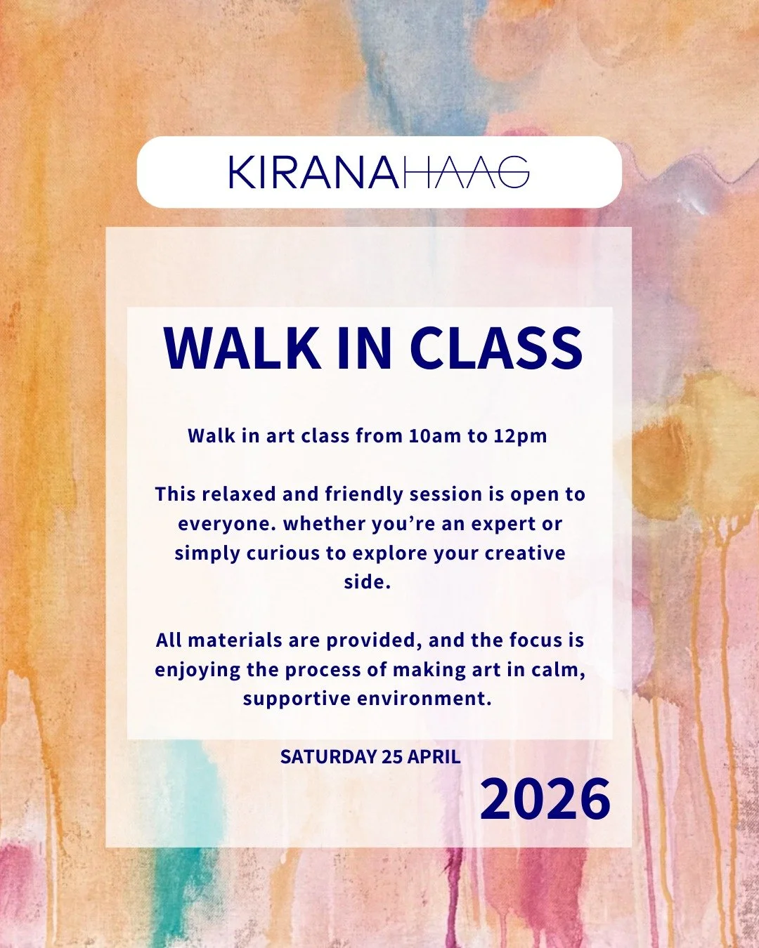 Walk-In Art Class

A gentle, relaxed space to make art together.
This walk-in class runs from 10am to 12pm and is open to everyone, whether you have years of experience or are simply curious to explore.

All materials are provided. The focus is 