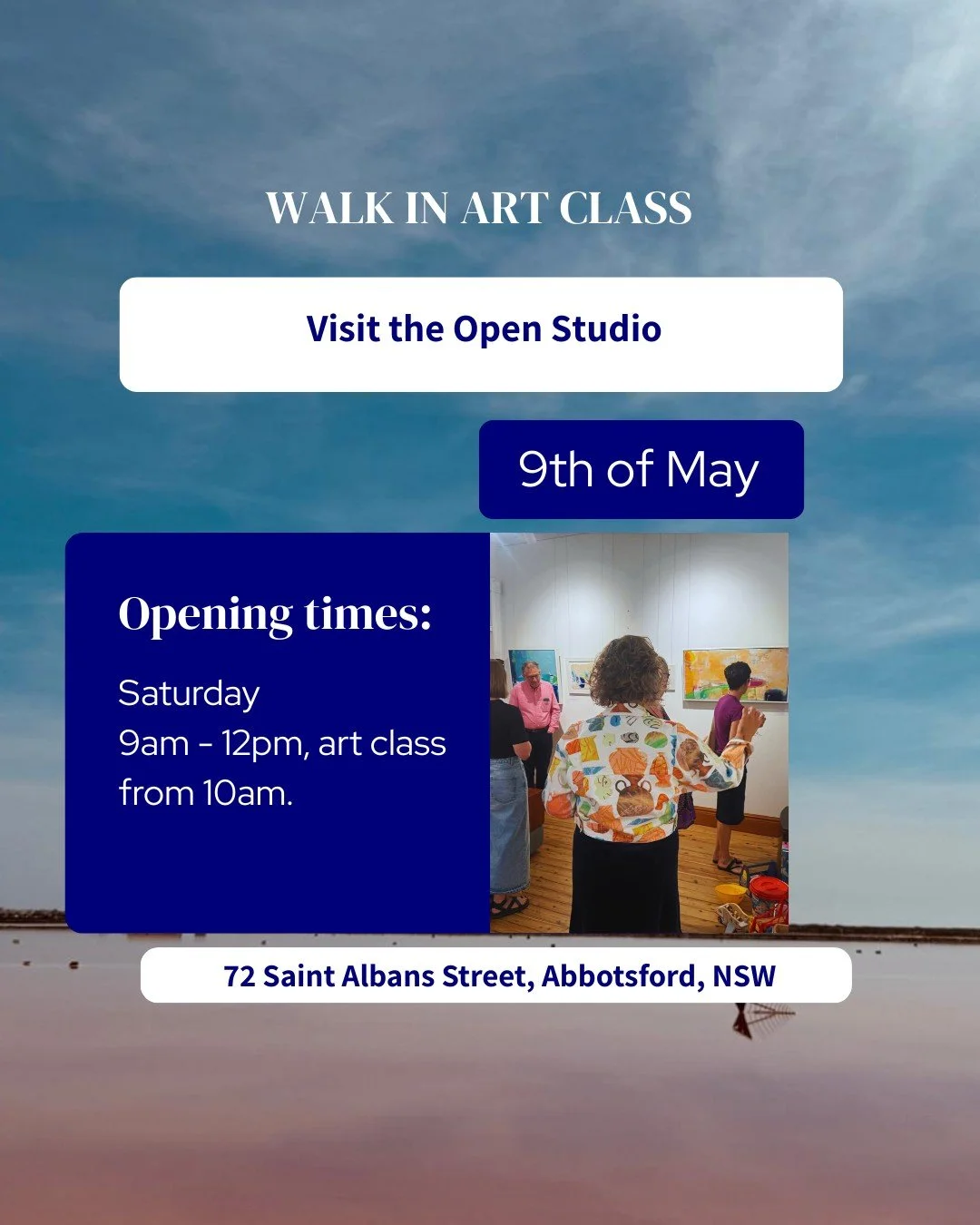 WALK IN ART CLASS
Visit the Open Studio

🗓 Saturday 9 May

Opening times:
Open Studio from 9am&ndash;12pm
Walk-in Art Class from 10am&ndash;12pm

Drop in to explore the studio, view works in progress, and join the art class if you feel call