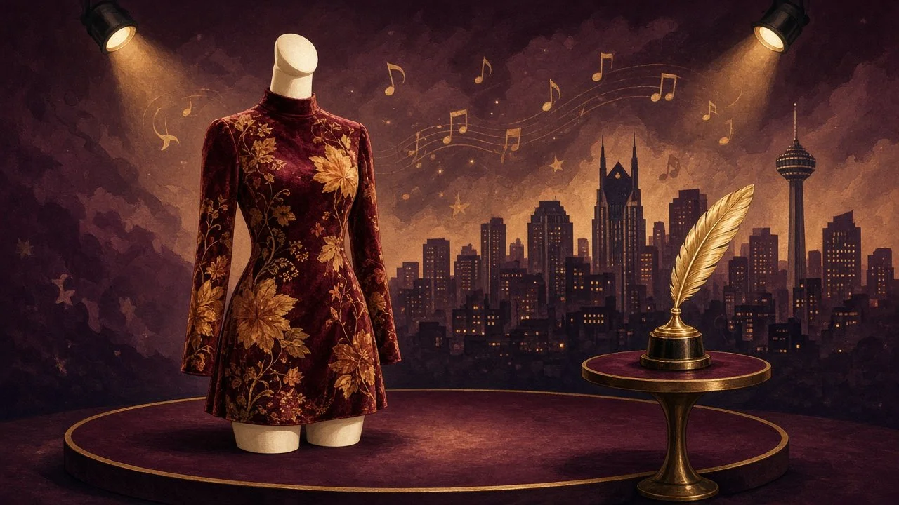 Original illustration of a burgundy velvet floral dress on a mannequin on a Nashville stage beside a golden quill trophy