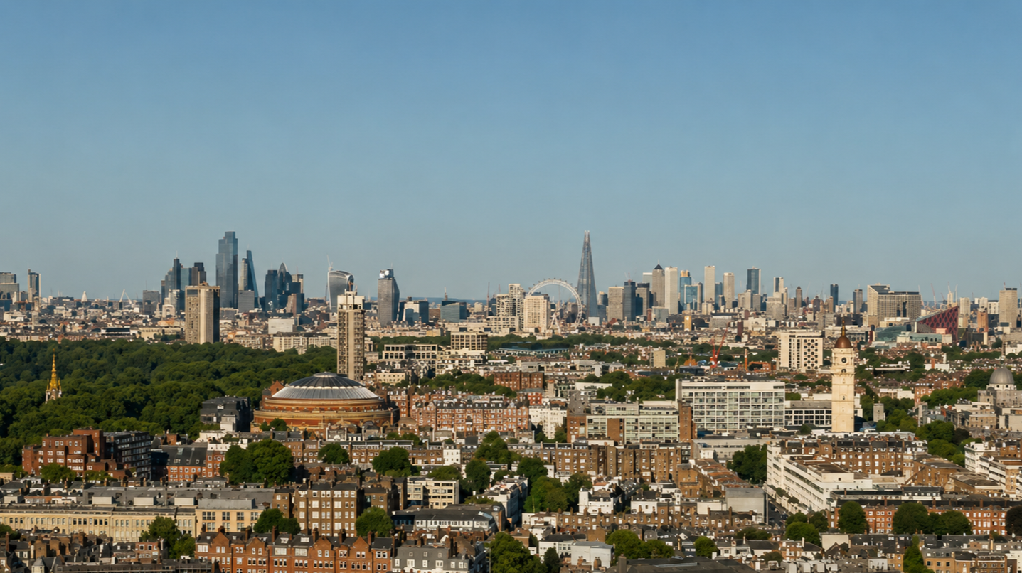 Drone view across Kensington to the Royal Albert Hall, The Shard and the London Eye, near Holland Park Gate, London