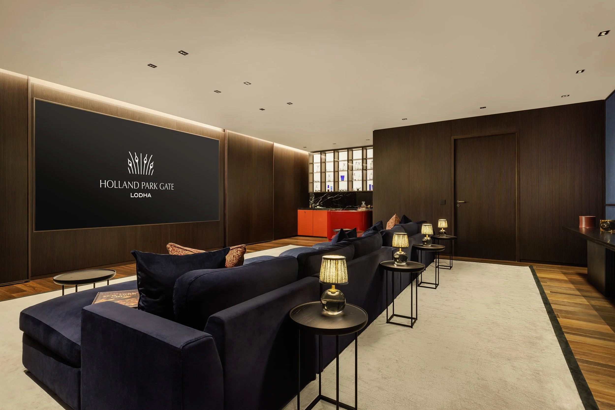 Private screening room and dining room with velvet seating for residents at Holland Park Gate, Kensington, London