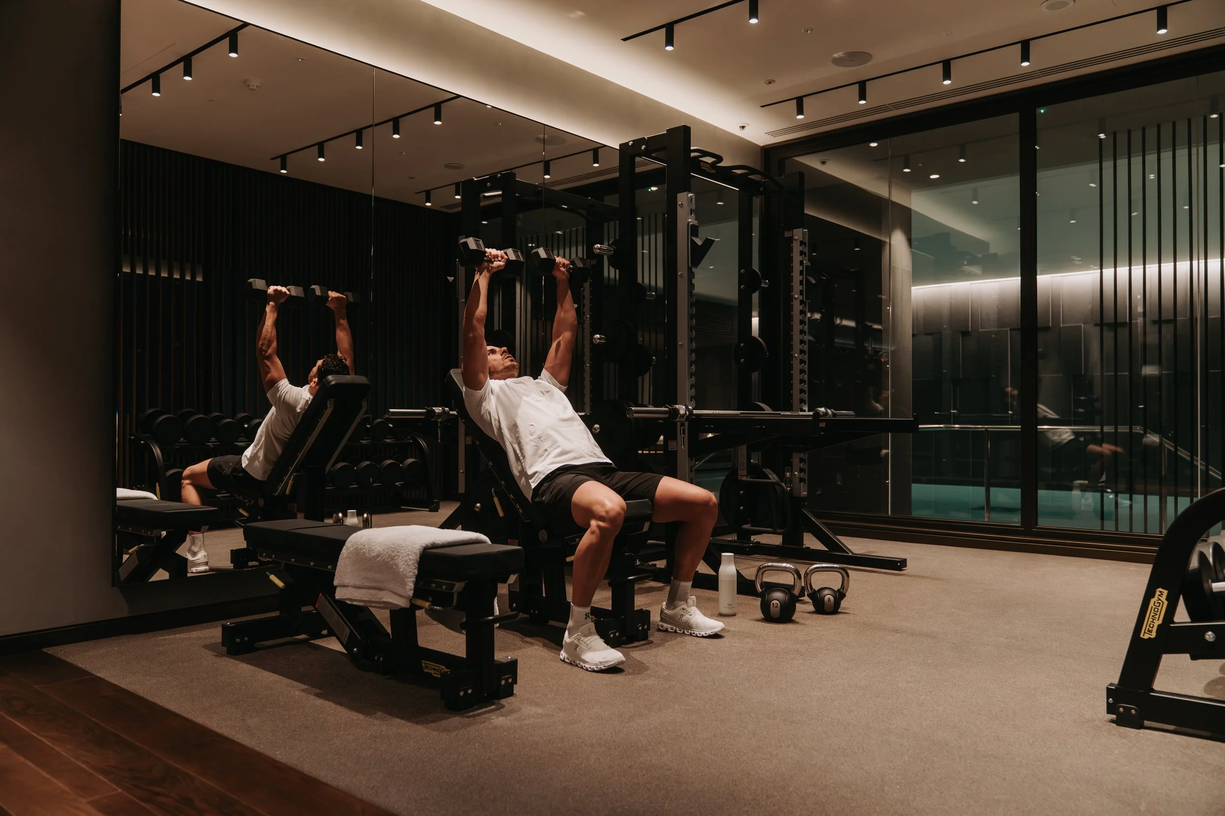 Residents training in the dedicated weights room of the Holland Park Gate health club, Kensington, London
