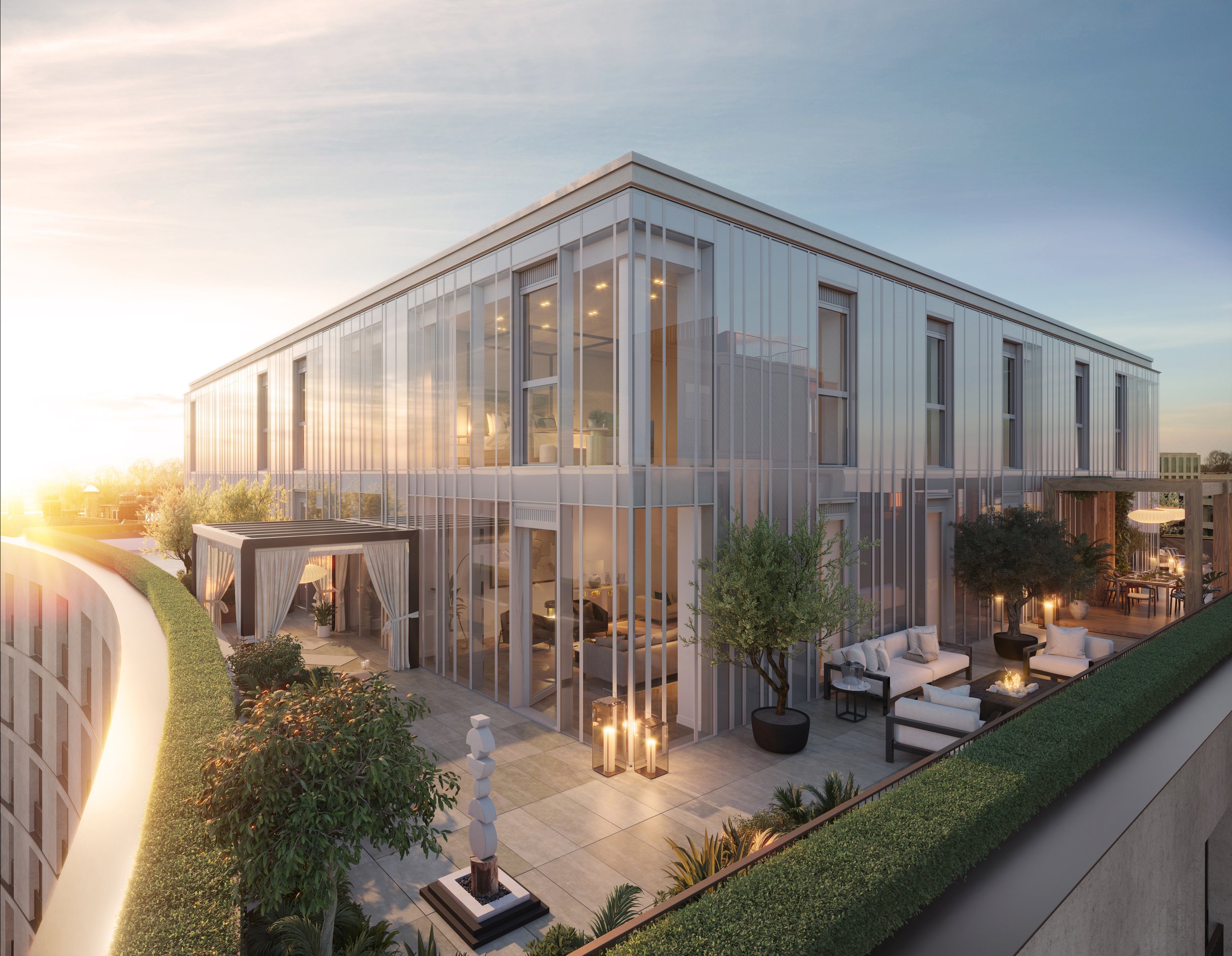 CGI of the two-storey glass penthouse with wraparound roof terrace and fire pit at Holland Park Gate, Kensington, London