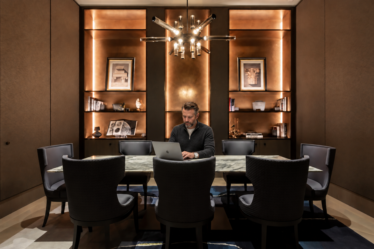 Private residents' boardroom with marble table and statement chandelier at No.1 Grosvenor Square, Lodha, Mayfair, London