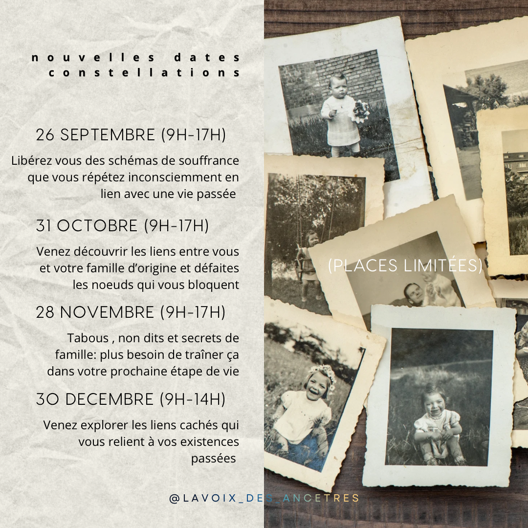 Un calendrier avec différentes dates et descriptions d'événements liés à la découverte de liens avec le passé familial. Sur la droite, il y a une pile de photographies en noir et blanc de personnes et d'endroits d'époque, avec la mention "PLACES LIMITÉES".