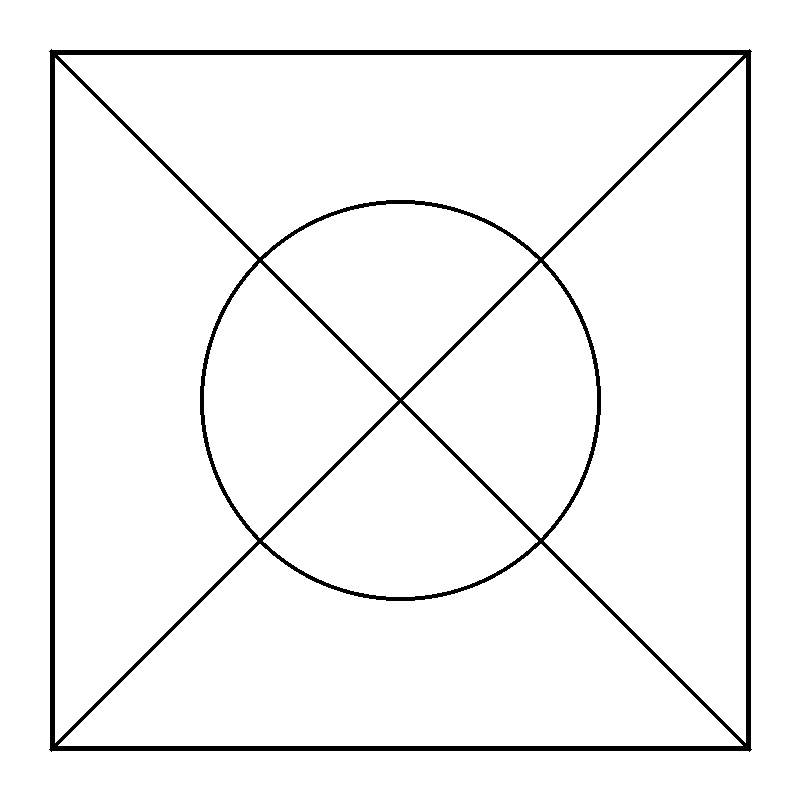Line drawing of a basketball court with a central circle and boundary lines.