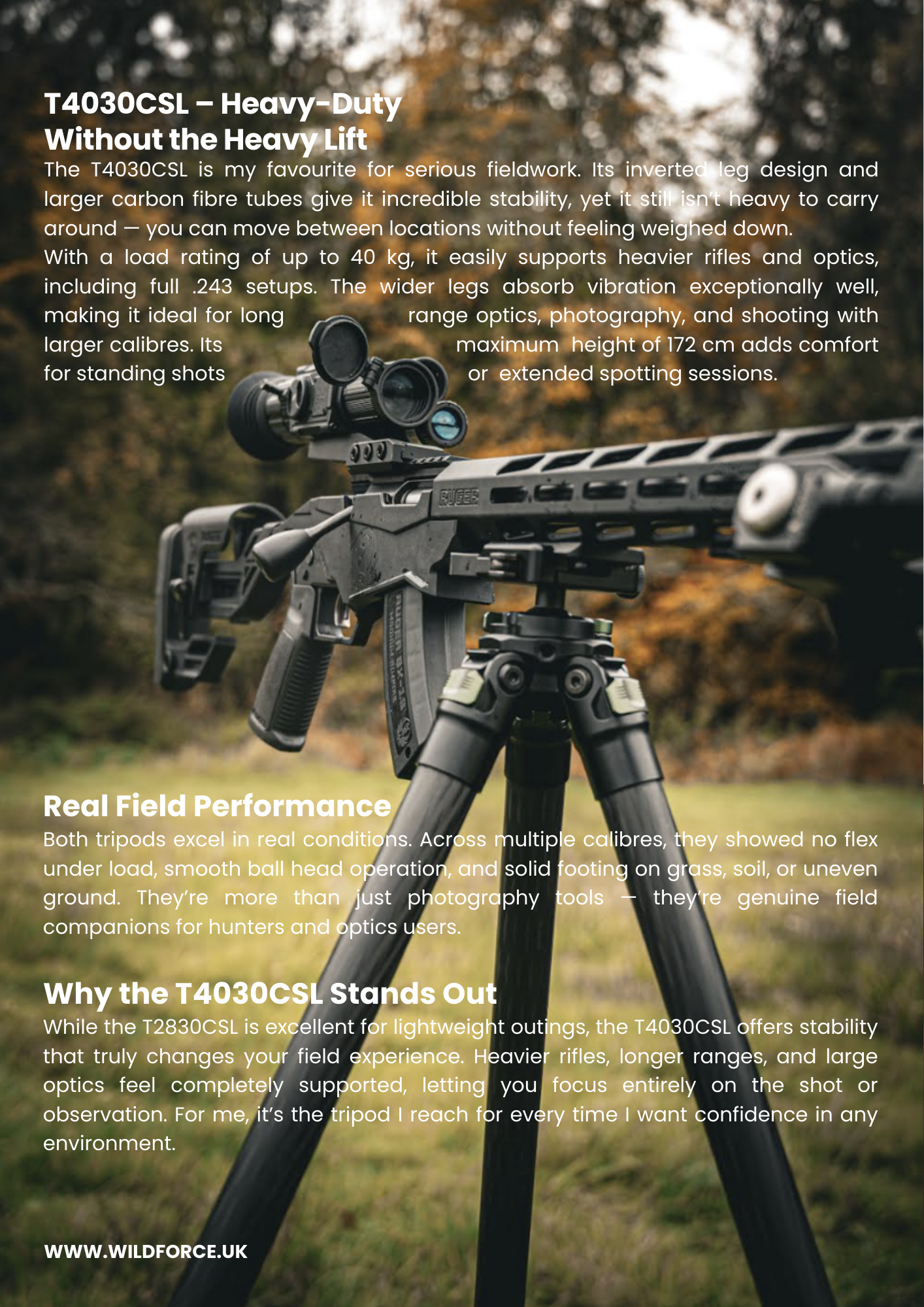 A high-powered rifle mounted on a tripod outdoors with trees and grass in the background, accompanied by descriptive text about the T4030CSL rifle scope and tripod.