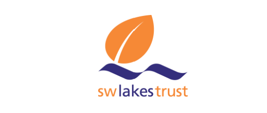 Logo for SW Lakes Trust featuring an orange leaf above blue water waves and the text 'sw lakes trust'.