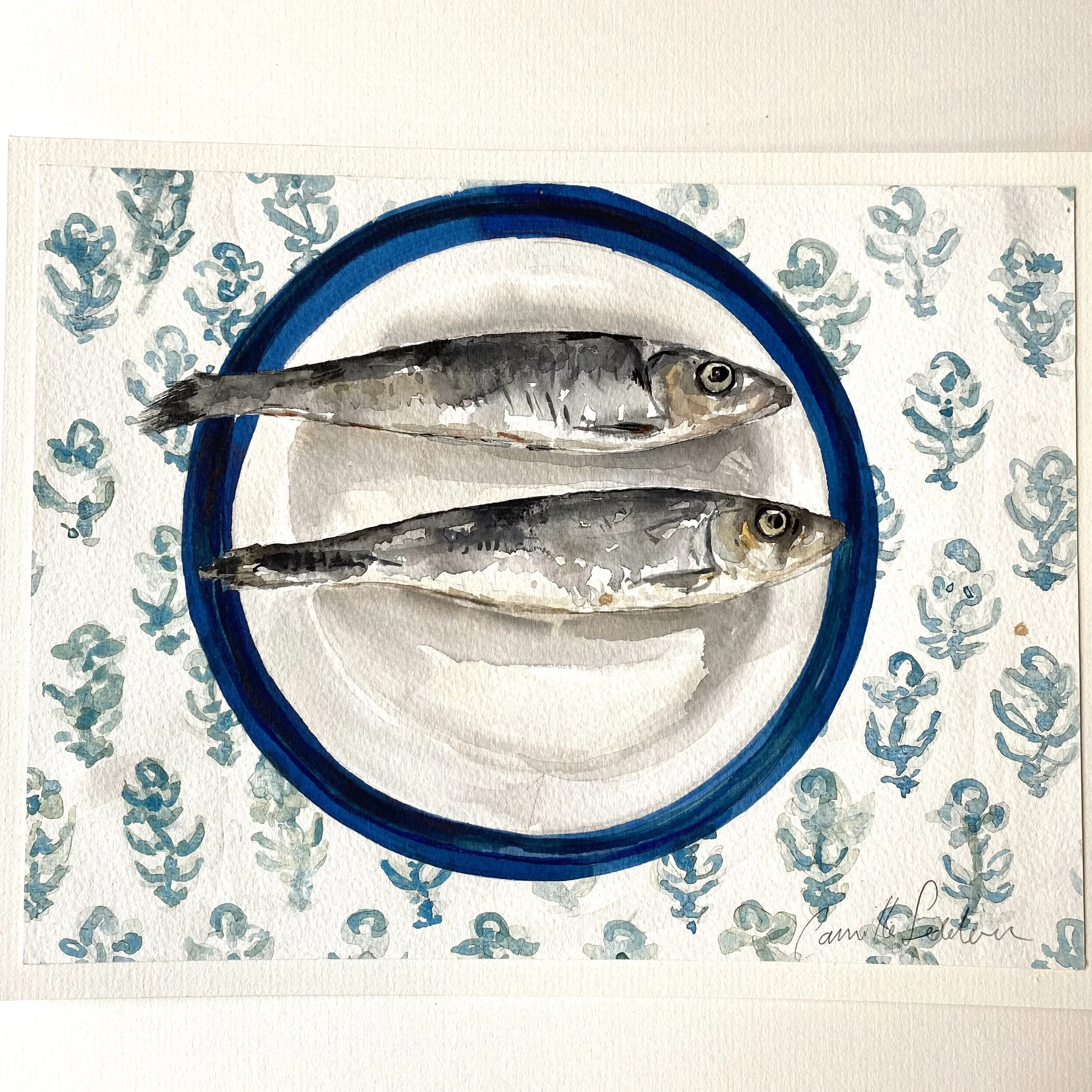 SOLD 'Sardines on block-printed cloth', watercolour, 23x30cms unframed.