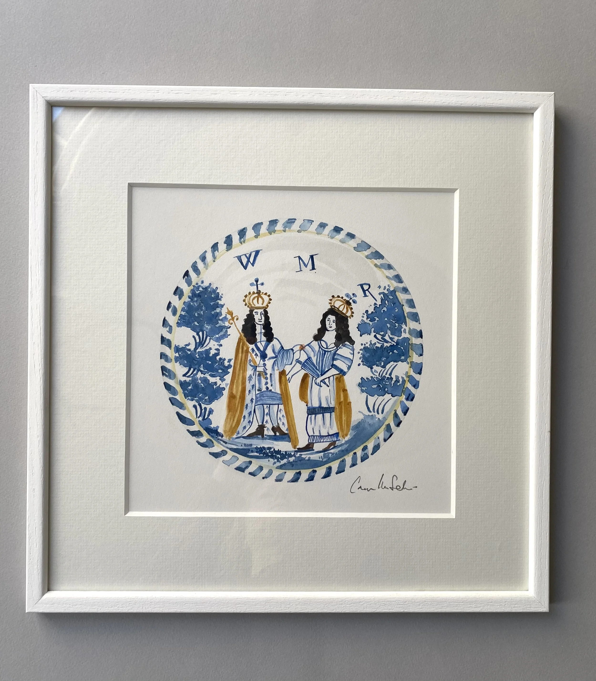 SOLD 'English delftware, William &amp; Mary charger'  framed watercolour illustration