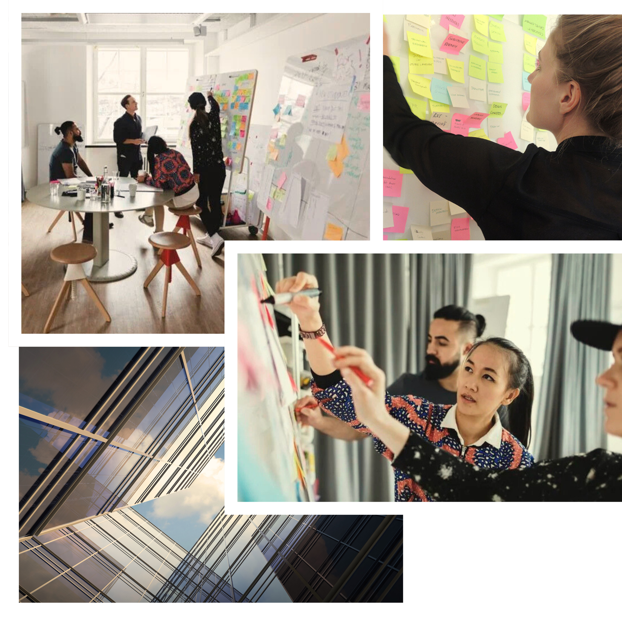 Images of a workshop with people working with whiteboards and post-it notes, as well as an image of a modern office building with glass facades and clouds in the background.