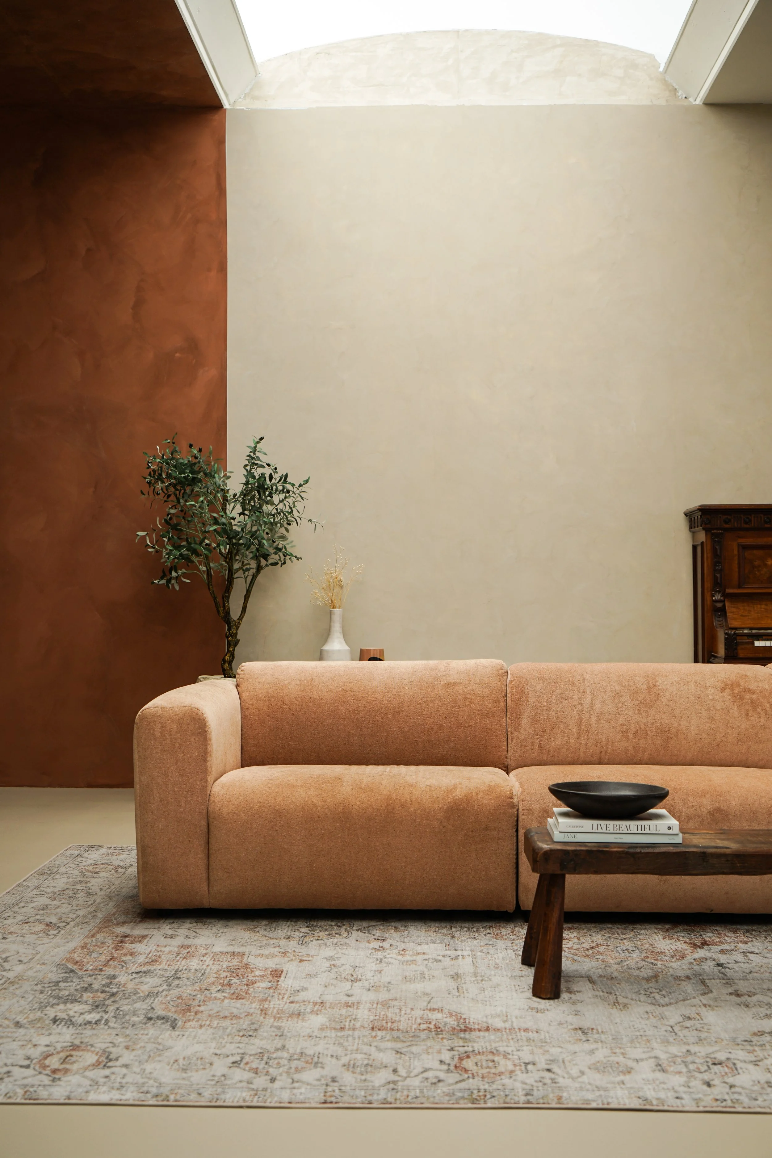 Een woonkamer met een beige bank, een salontafel met boeken en een zwarte vaas, een groene plant en een muur met beige en roze tinten, een vloerkleed