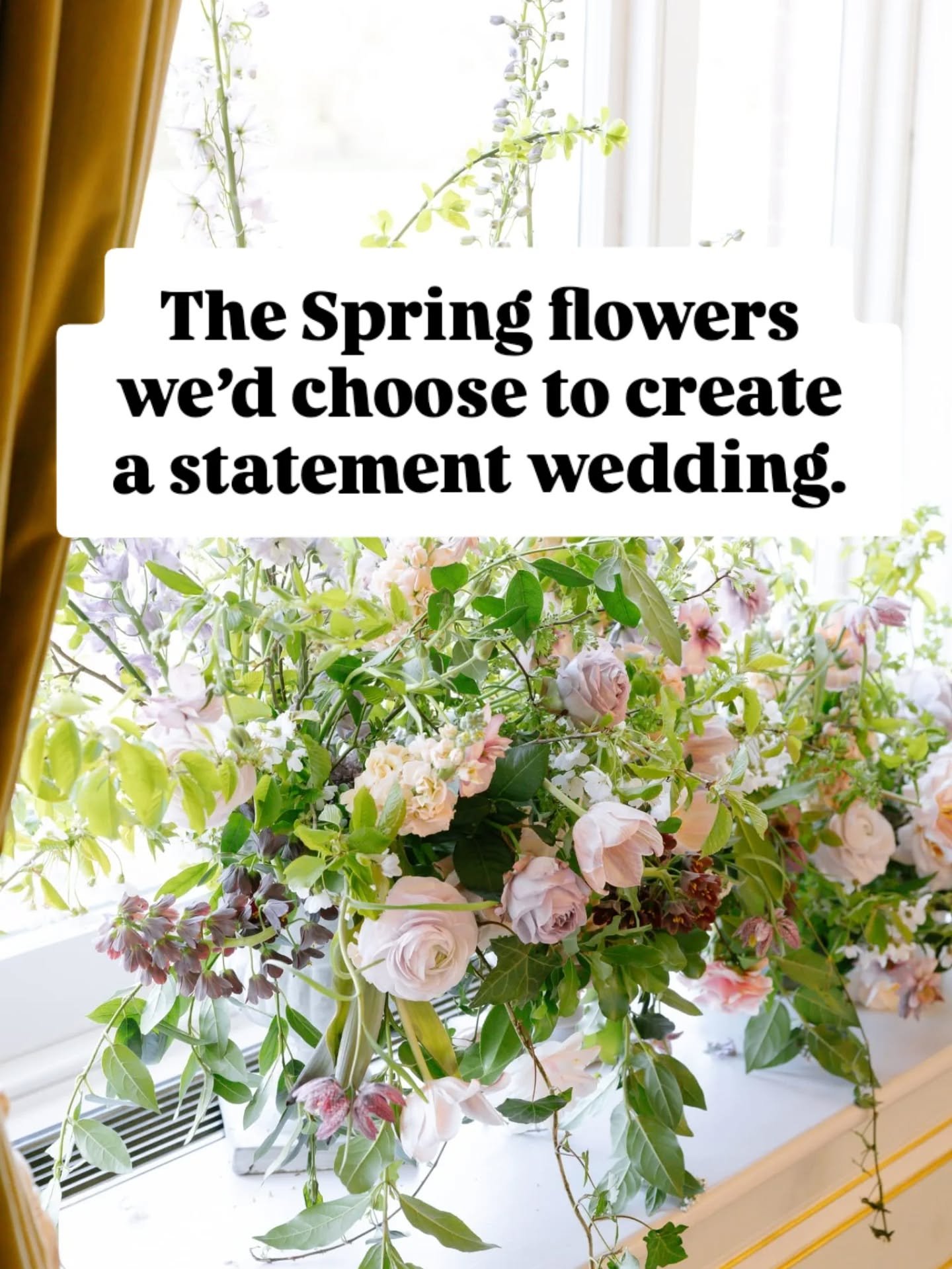 Seven of our absolute favourite spring wedding flowers, chosen for impact and just the right amount of sass.

Save for inspo 💕

Spring&nbsp;wedding florals | Sustainable wedding design | Nature-inspired weddings | Fine art wedding photography | Mini