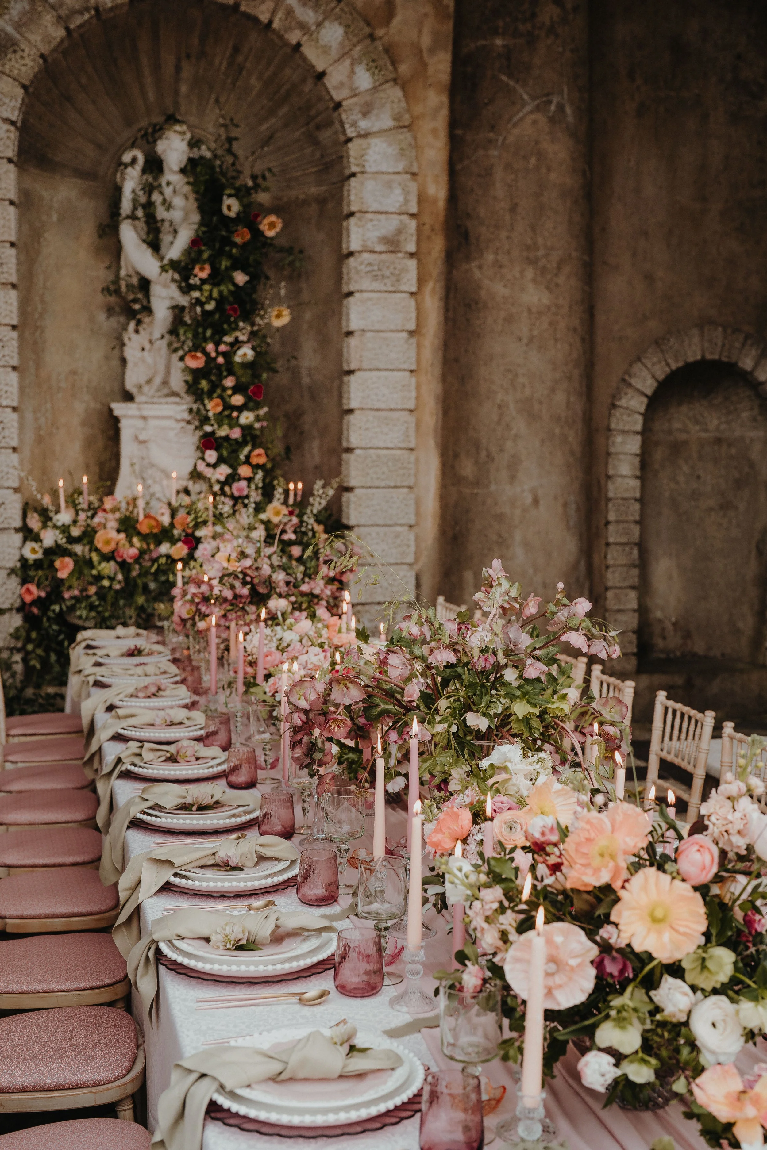 Intimate Wedding Breakfast at wotton house in spring in the italian gardens