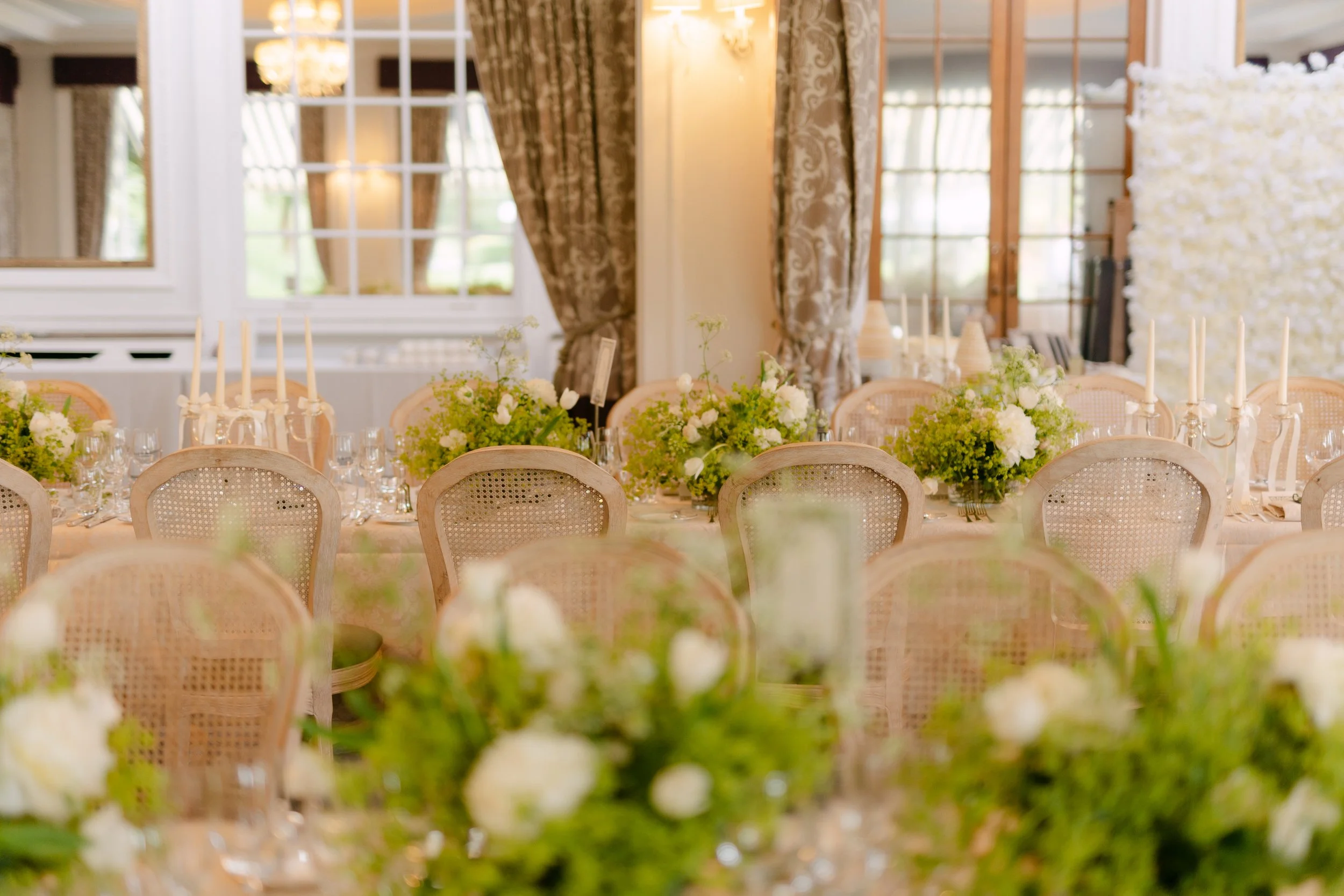 Wedding Reception flowers at woodcode park in may with House of Furn Furniture and beautiful linens
