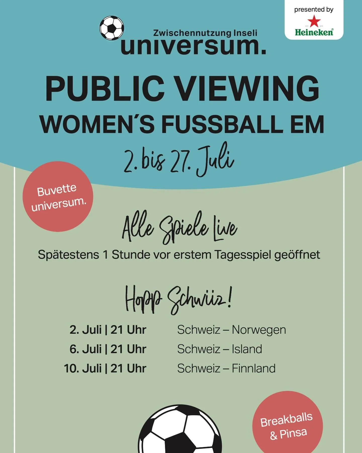 Im Juli heisst es wieder: Hopp Schwiiz!
Sei live dabei beim Public Viewing der Frauen Fussball EM aus der Schweiz: Gutes Essen, leckere Drinks und kostenloser Eintritt.

Wir freuen uns und danken unseren tollen Partnern!

Presented by @heinekench 

@