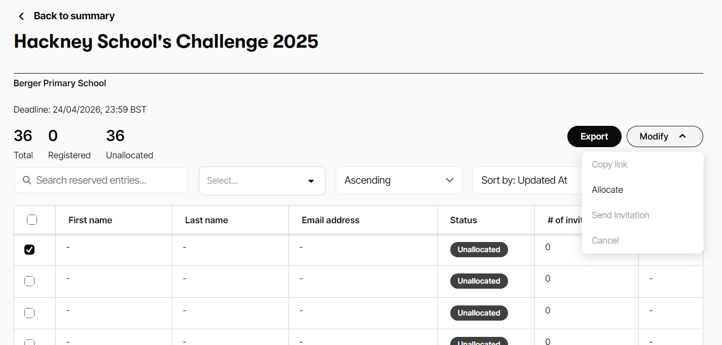 As your runners register, their names will come up here. To cancel a persons place, click on the square next to their name, then click Modify on the right, then Cancel.