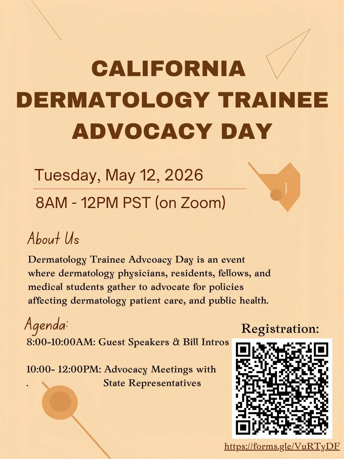 Join us for California Dermatology Trainee Advocacy Day on Tuesday, May 12, 2026 (8 AM&ndash;12 PM PT, Zoom)! Hear from guest speakers, learn about bill introductions, and meet with state representatives to advocate for dermatology patient care and p